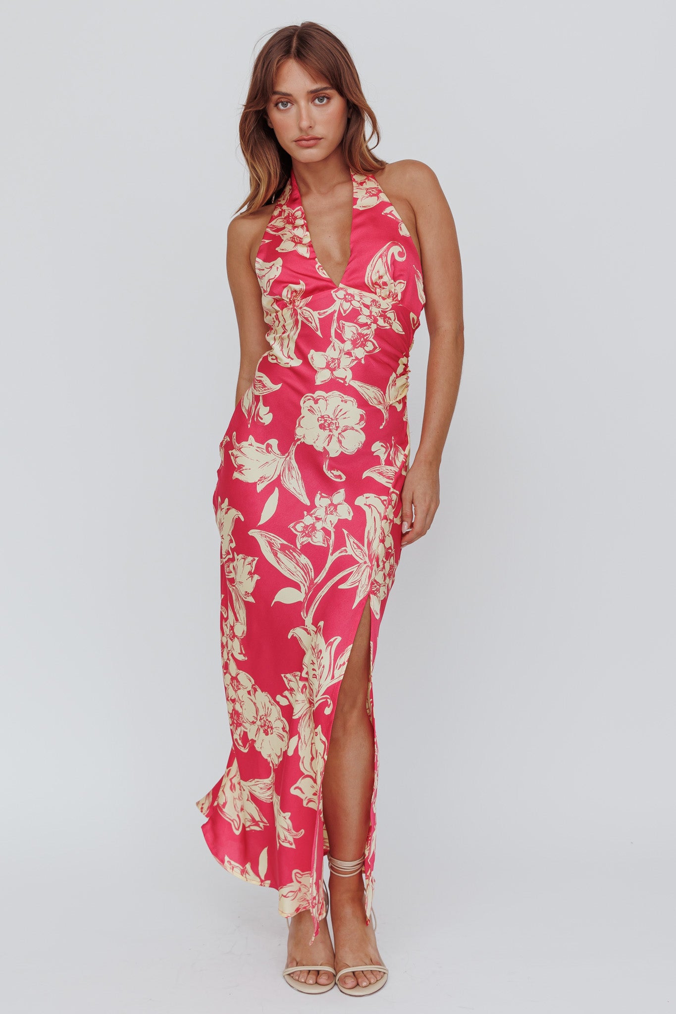 Brighter Days Halterneck Split Midi Dress Fuchsia by Selfie Leslie Australia