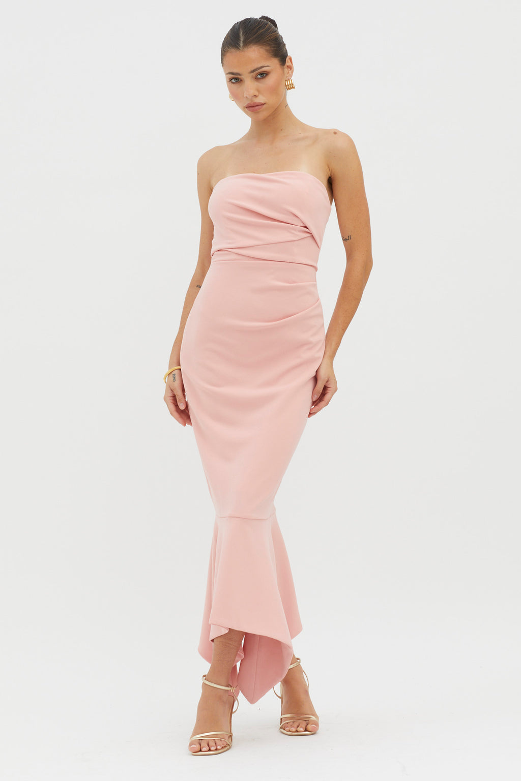 Sharona Strapless Gathered Midi Dress Blush by Selfie Leslie Australia