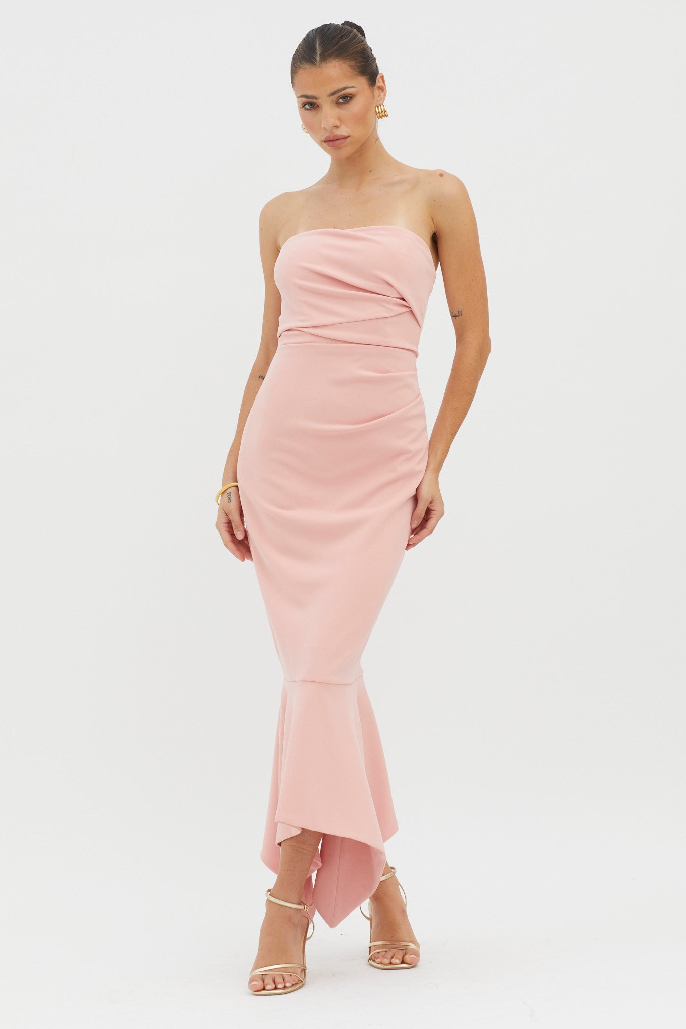 Sharona Strapless Gathered Midi Dress Blush by Selfie Leslie Australia