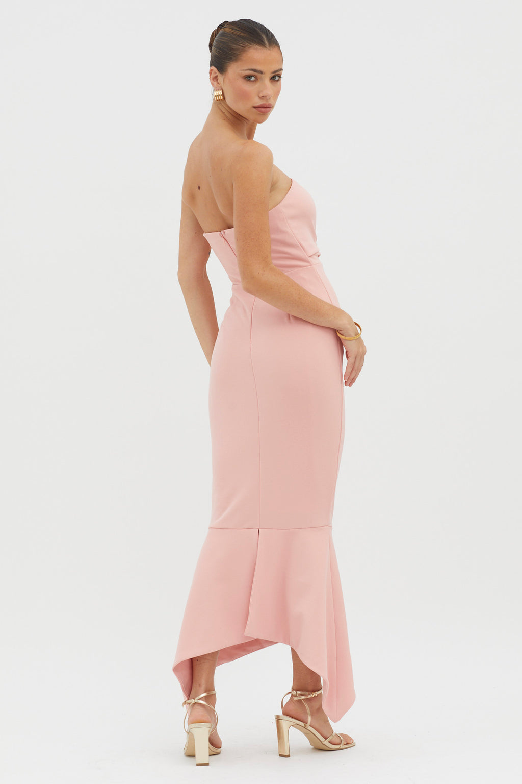 Sharona Strapless Gathered Midi Dress Blush by Selfie Leslie Australia