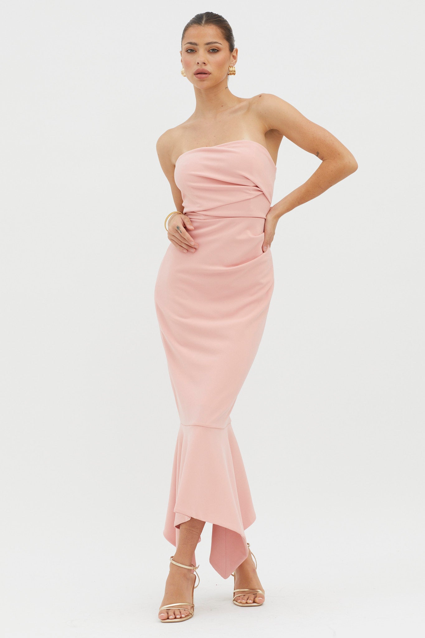 Sharona Strapless Gathered Midi Dress Blush by Selfie Leslie Australia
