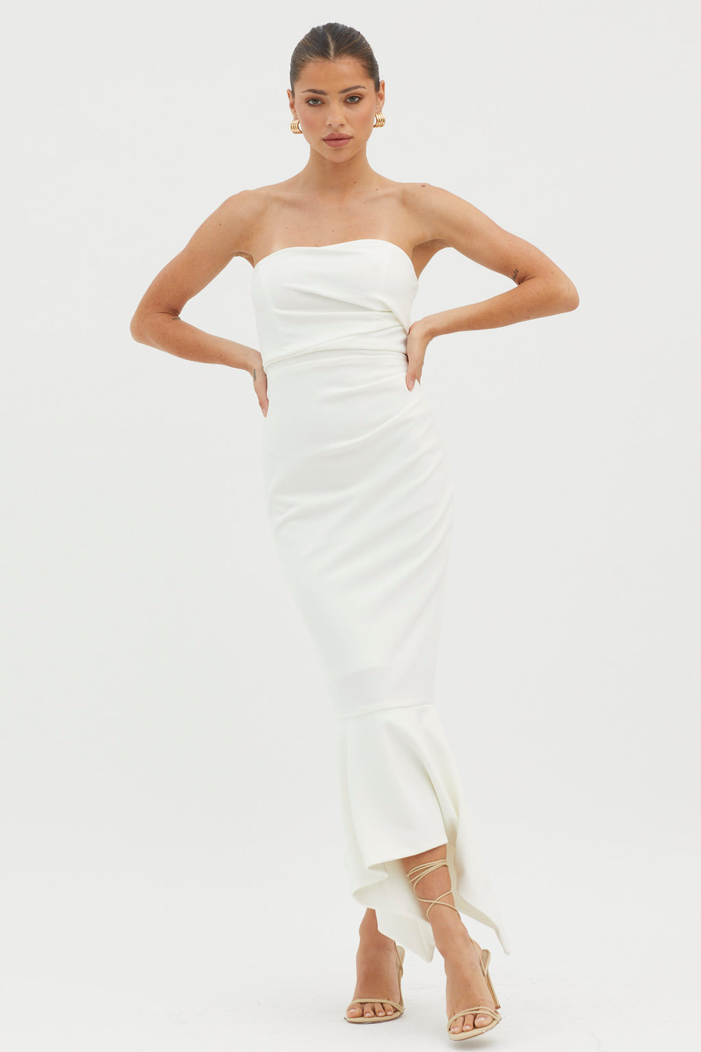 Sharona Strapless Gathered Midi Dress White by Selfie Leslie Australia