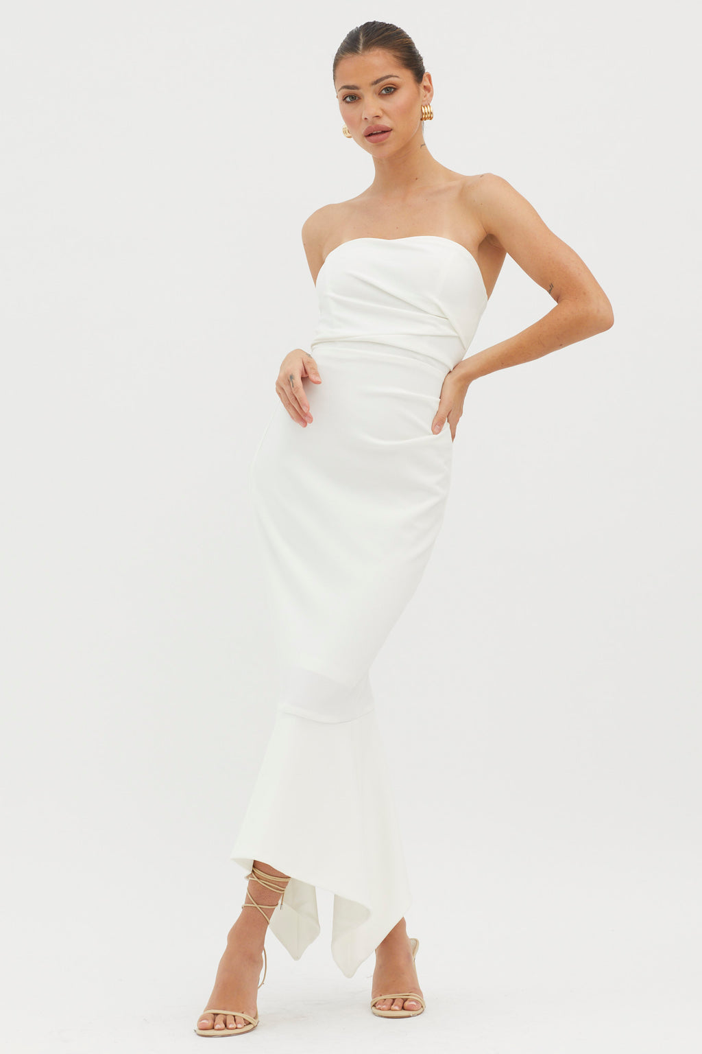 Sharona Strapless Gathered Midi Dress White by Selfie Leslie Australia