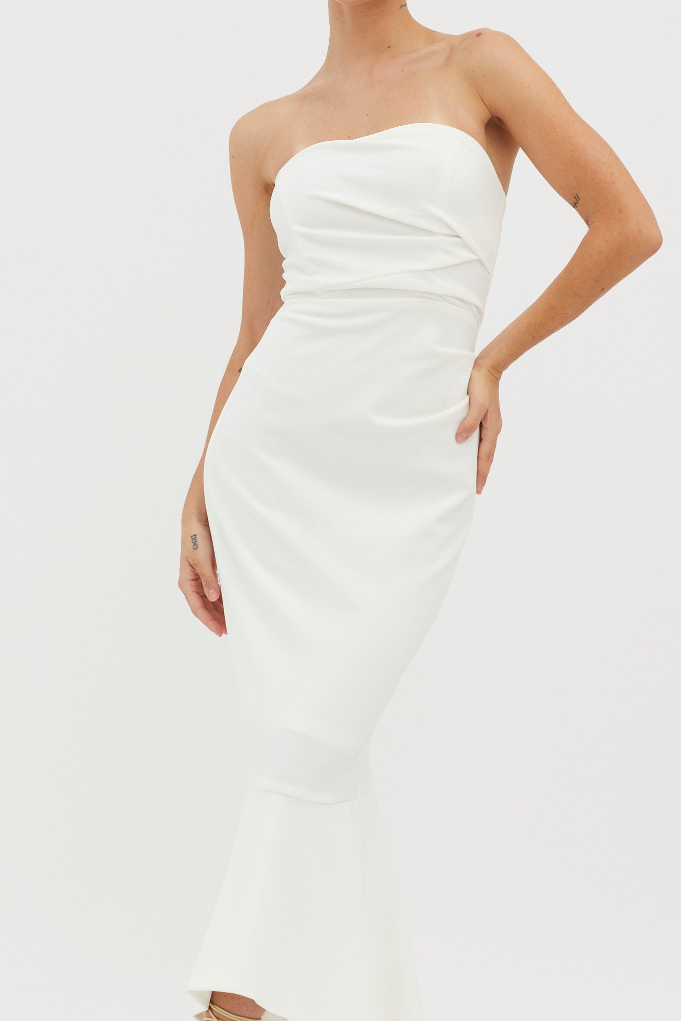 Sharona Strapless Gathered Midi Dress White by Selfie Leslie Australia