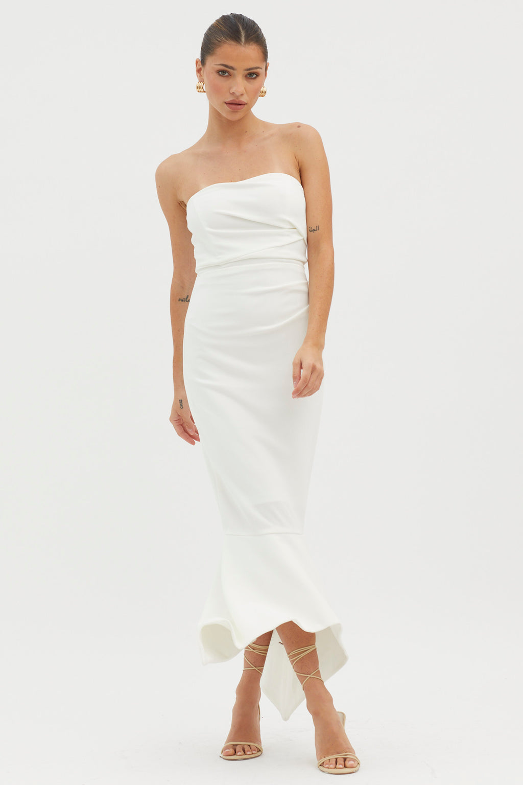 Sharona Strapless Gathered Midi Dress White by Selfie Leslie Australia