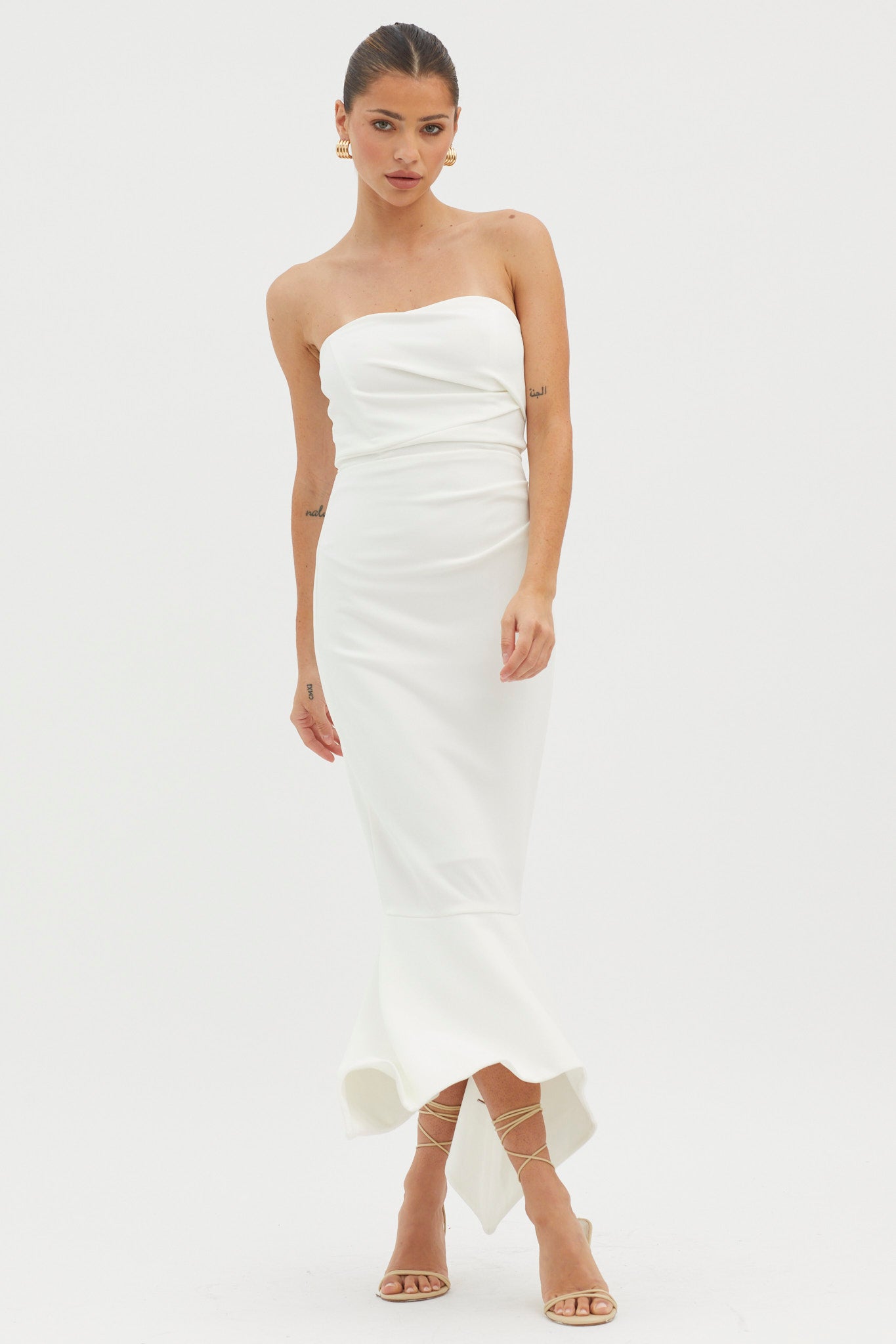 Sharona Strapless Gathered Midi Dress White by Selfie Leslie Australia