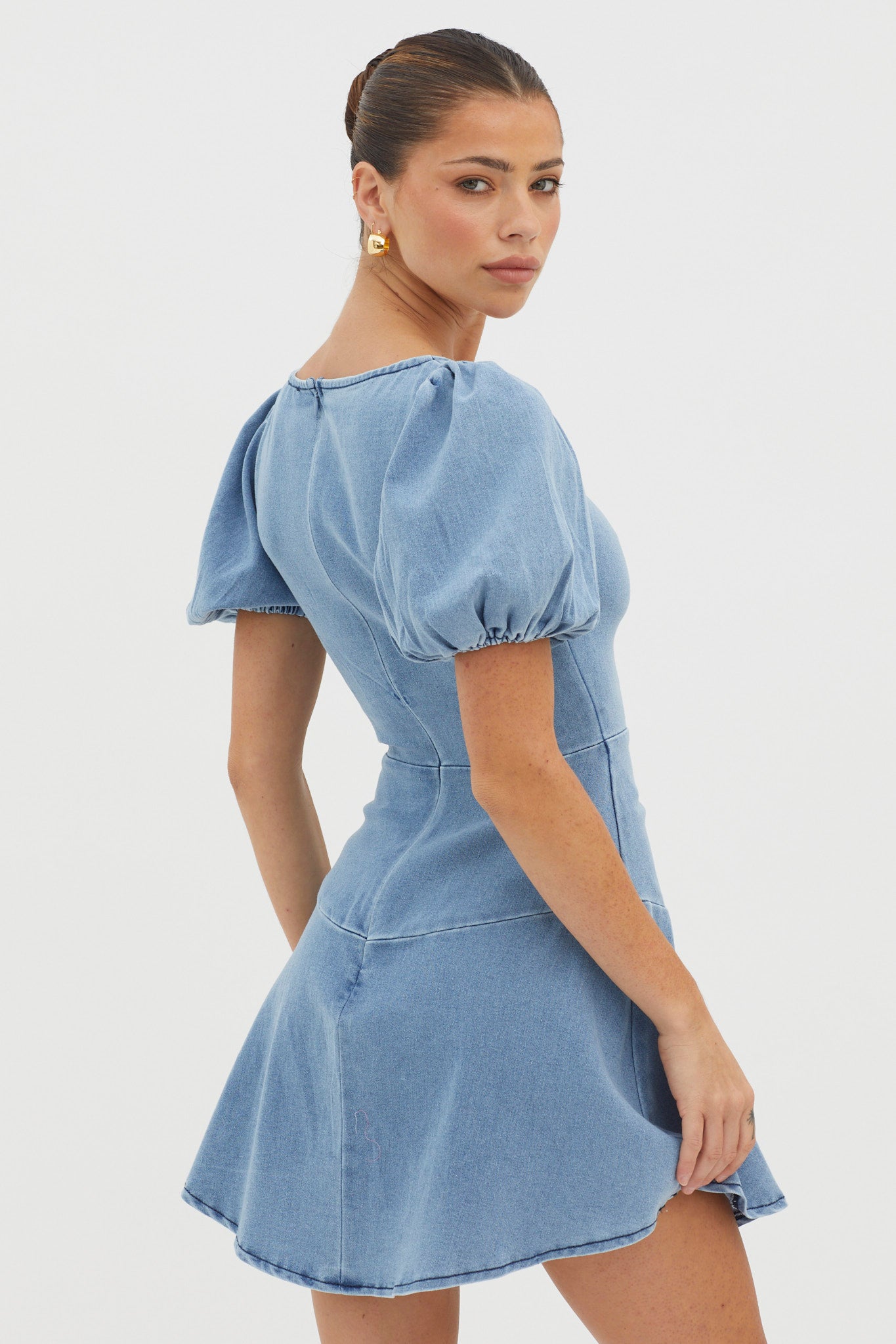 New Heights Puff Sleeve Mini Dress Denim Blue by Selfie Leslie Australia