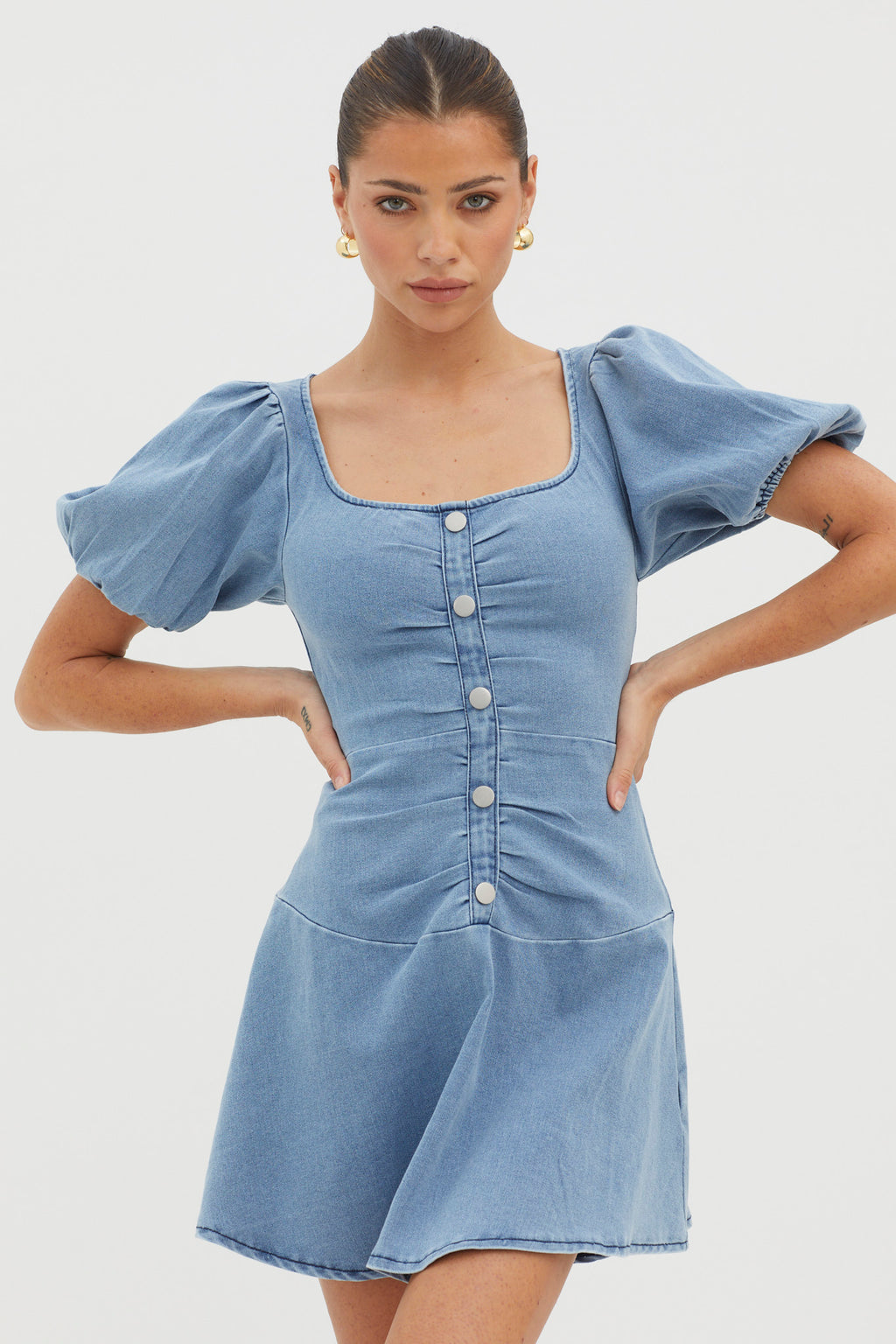 New Heights Puff Sleeve Mini Dress Denim Blue by Selfie Leslie Australia