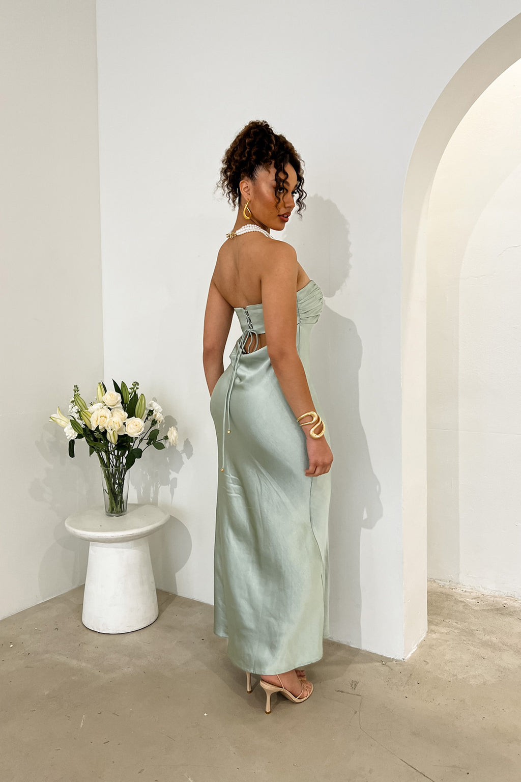Moon Song Strapless Laced Back Dress Matcha by Selfie Leslie Australia