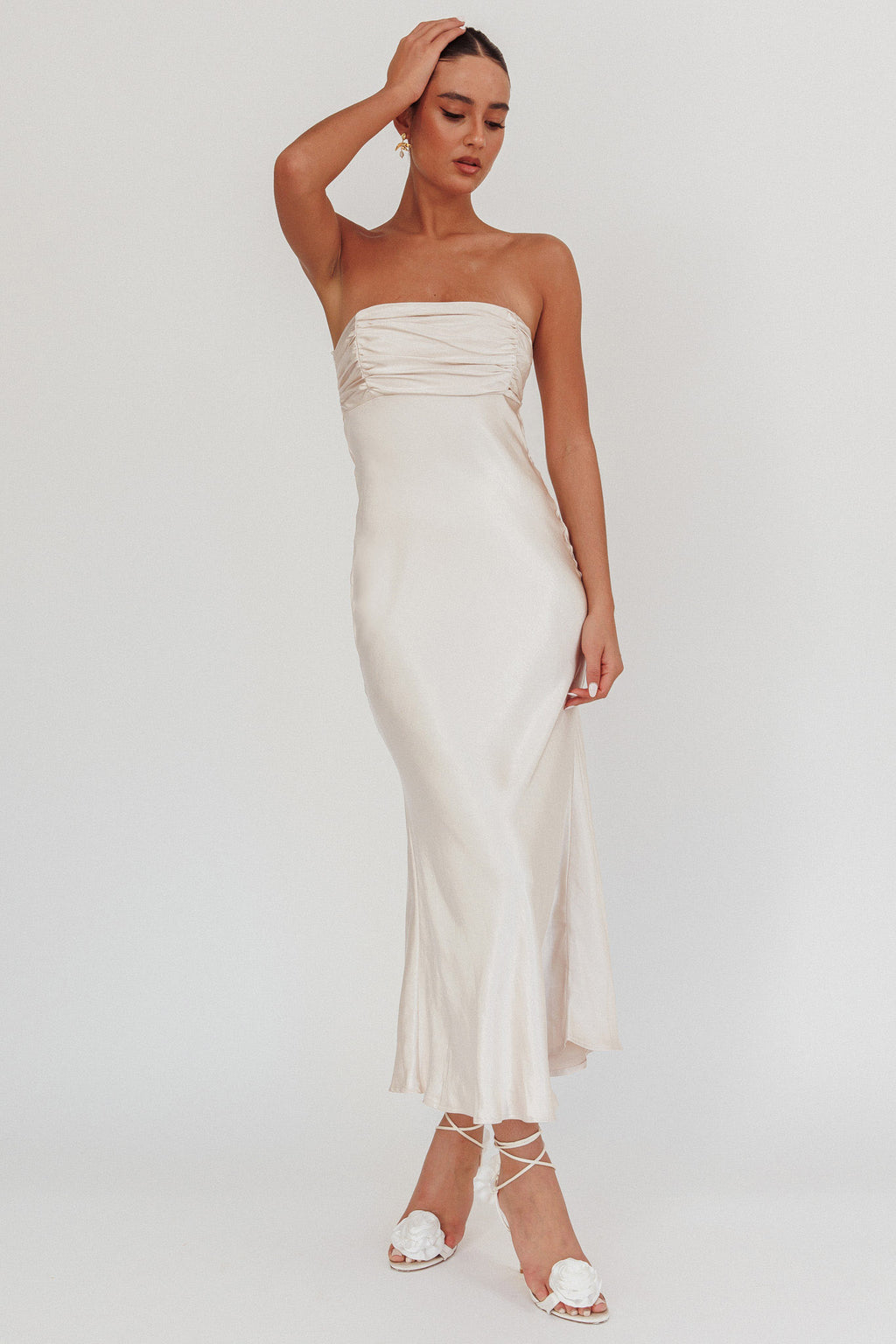 Moon Song Strapless Laced Back Dress Champagne by Selfie Leslie Australia