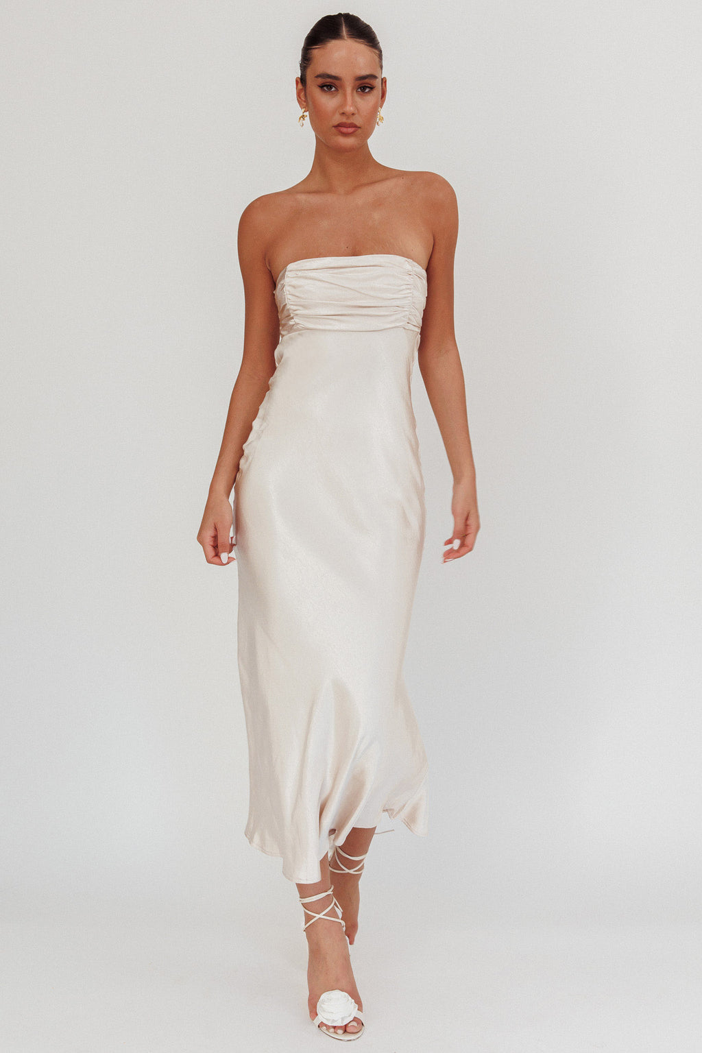 Moon Song Strapless Laced Back Dress Champagne by Selfie Leslie Australia