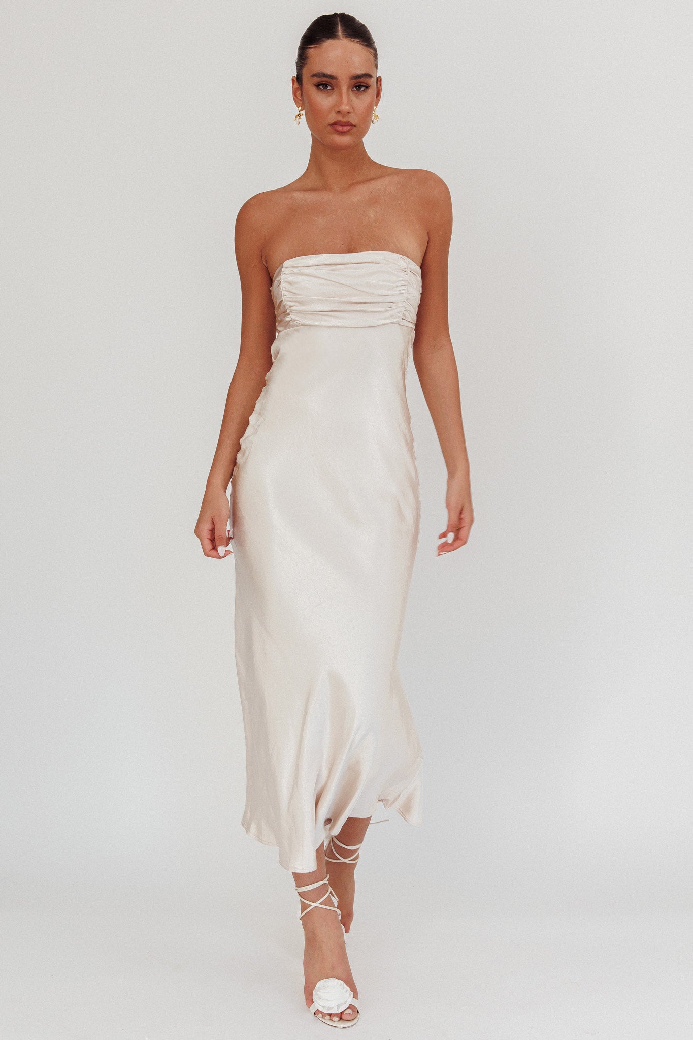 Moon Song Strapless Laced Back Dress Champagne by Selfie Leslie Australia