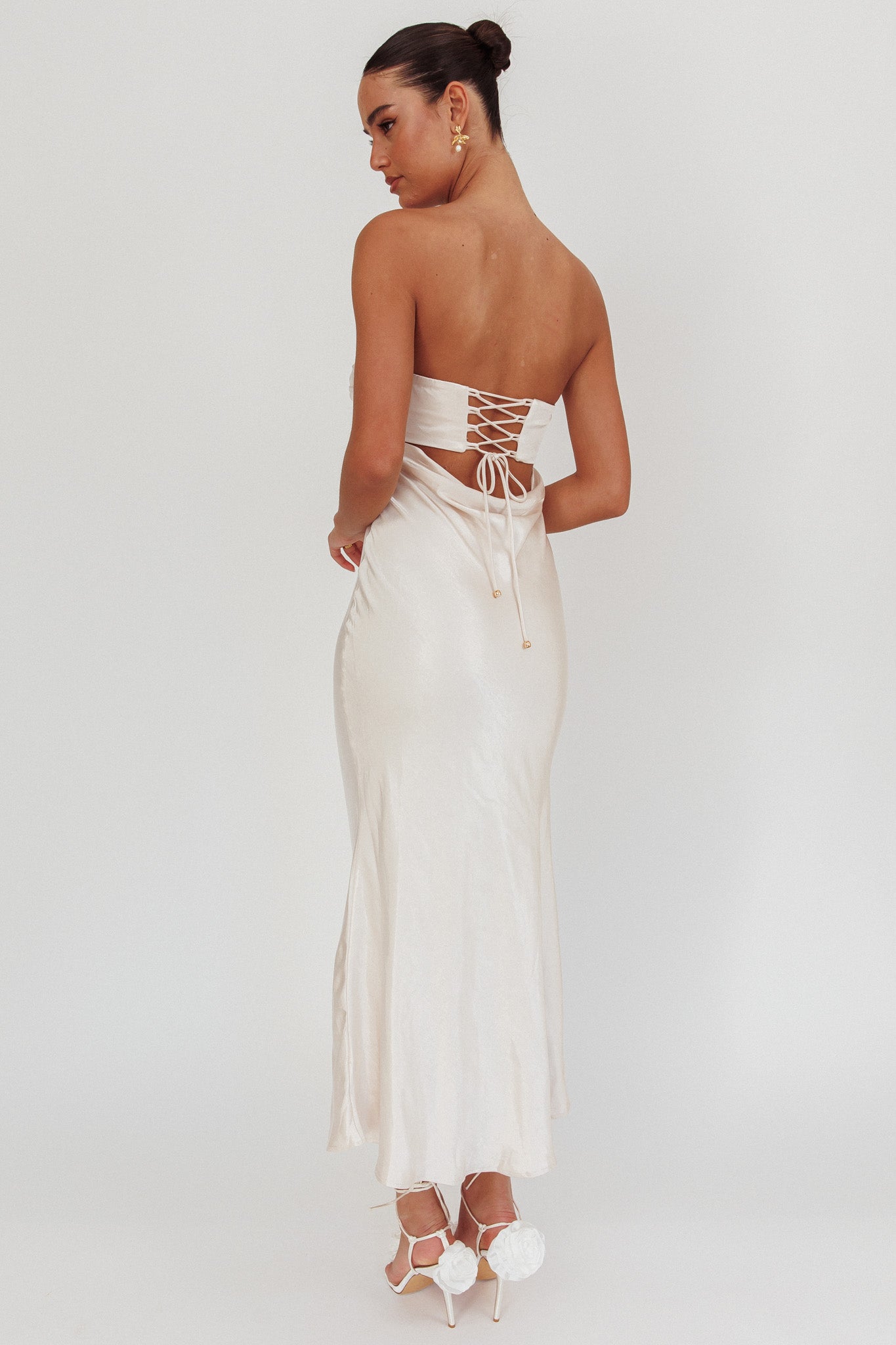 Moon Song Strapless Laced Back Dress Champagne by Selfie Leslie Australia