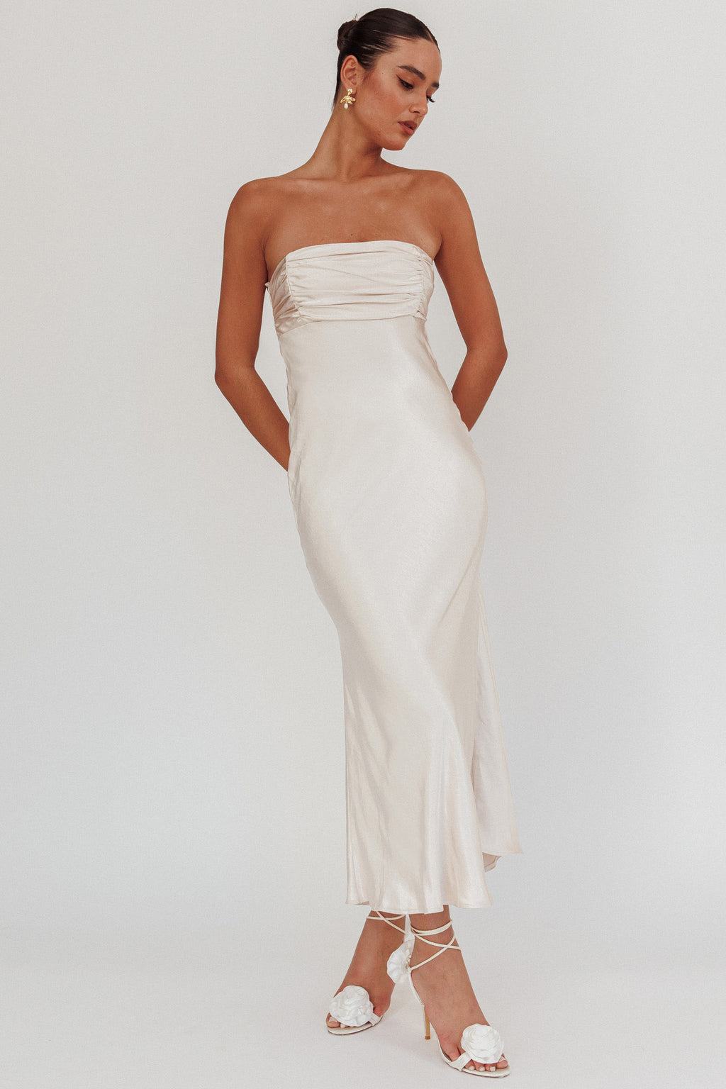 Moon Song Strapless Laced Back Dress Champagne by Selfie Leslie Australia