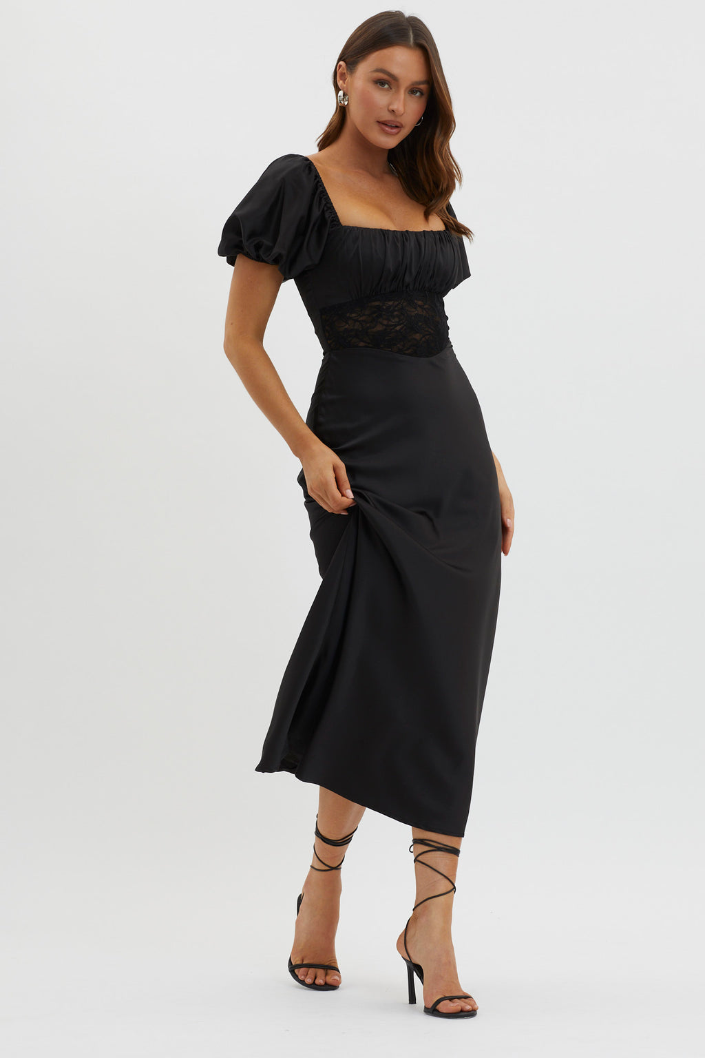 Allianna Puff Sleeve Lace Waist Midi Dress Black by Selfie Leslie Australia
