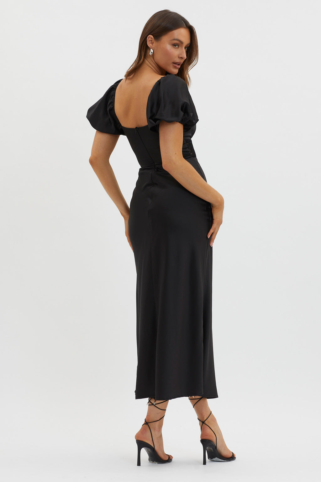 Allianna Puff Sleeve Lace Waist Midi Dress Black by Selfie Leslie Australia