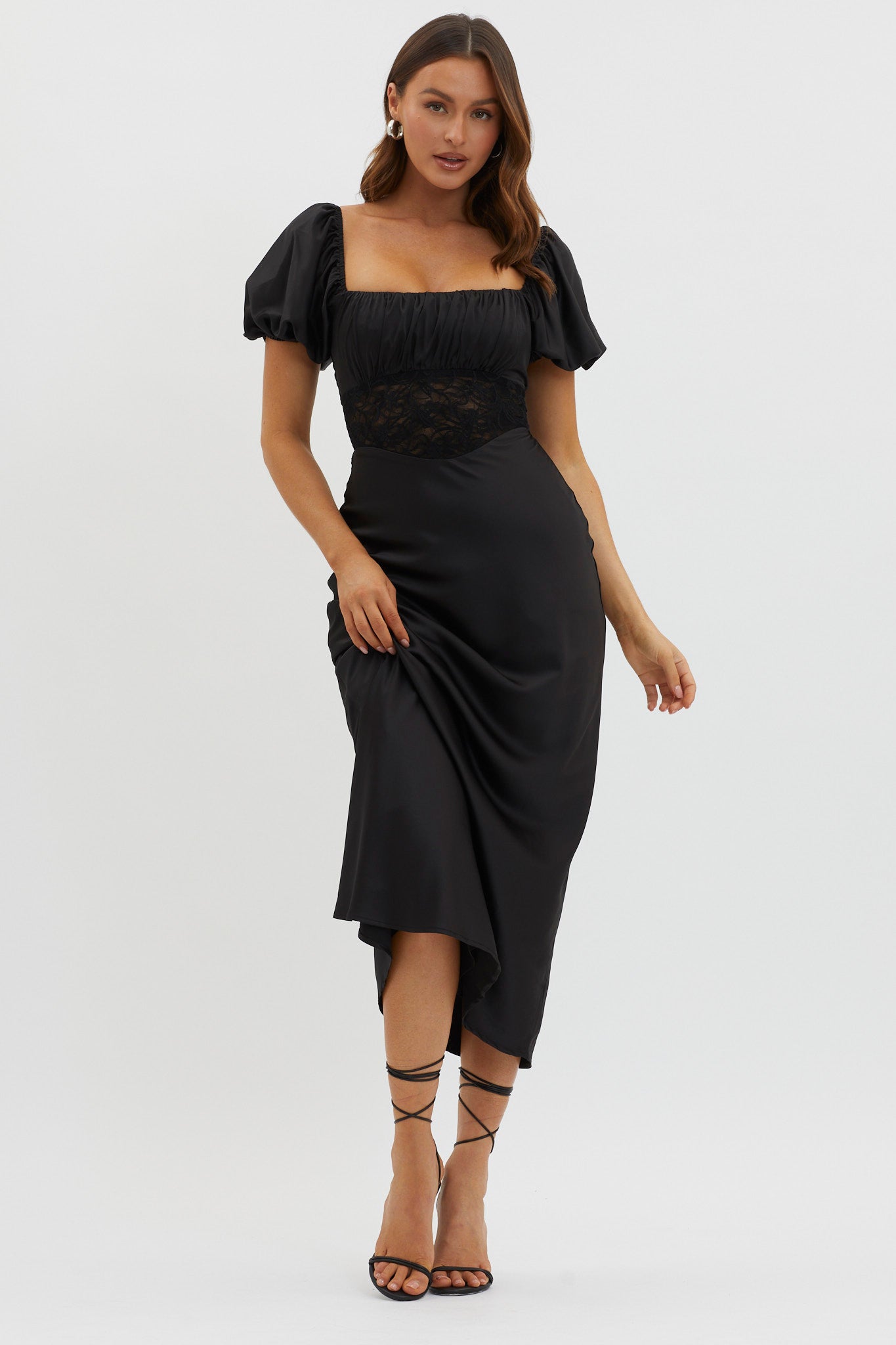 Allianna Puff Sleeve Lace Waist Midi Dress Black by Selfie Leslie Australia