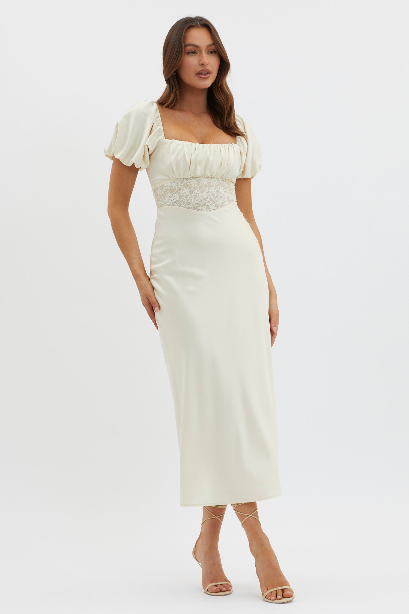Allianna Puff Sleeve Lace Waist Midi Dress Butter by Selfie Leslie Australia