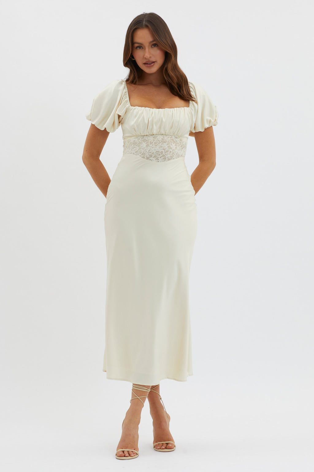 Allianna Puff Sleeve Lace Waist Midi Dress Butter by Selfie Leslie Australia