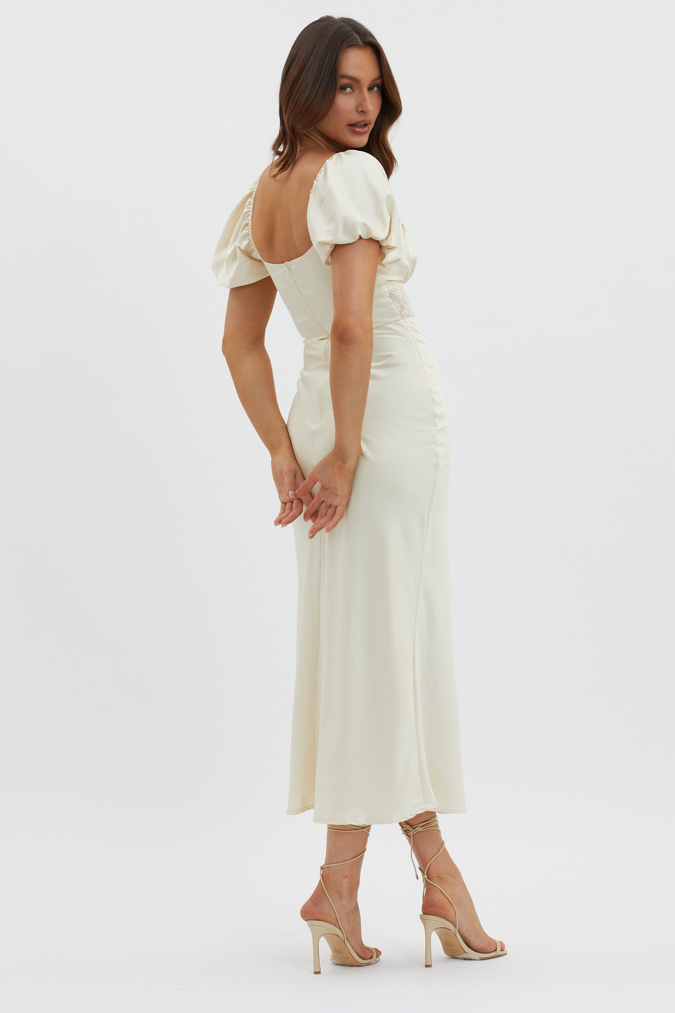 Allianna Puff Sleeve Lace Waist Midi Dress Butter by Selfie Leslie Australia