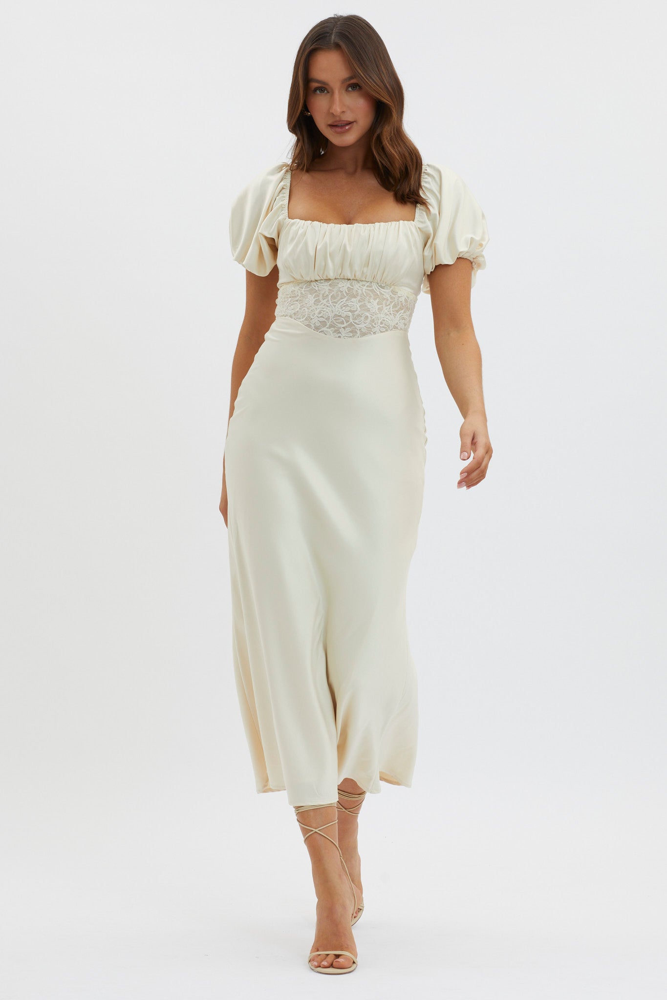 Allianna Puff Sleeve Lace Waist Midi Dress Butter by Selfie Leslie Australia
