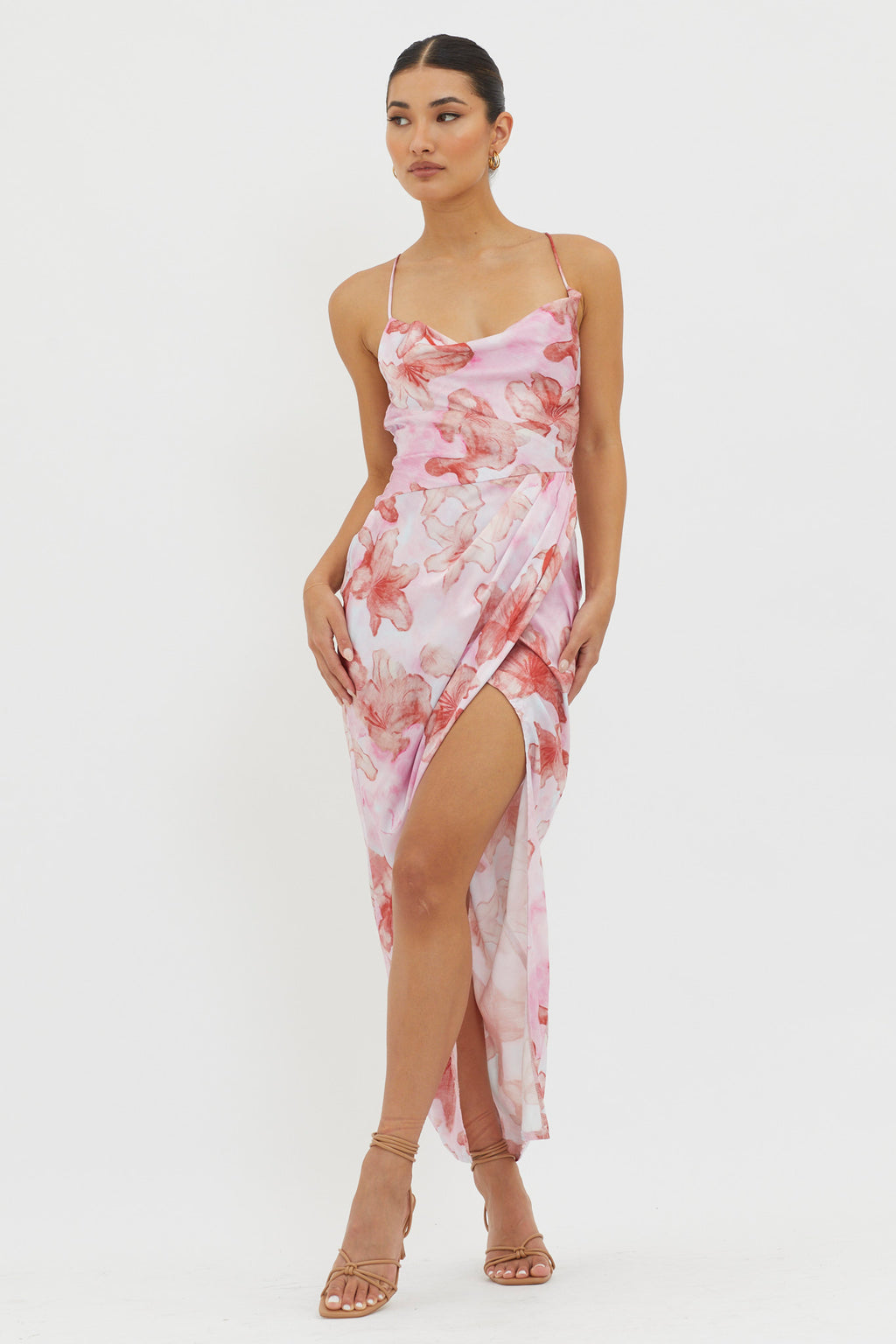 Erryn Tied Back Split Midi Dress Pink by Selfie Leslie Australia