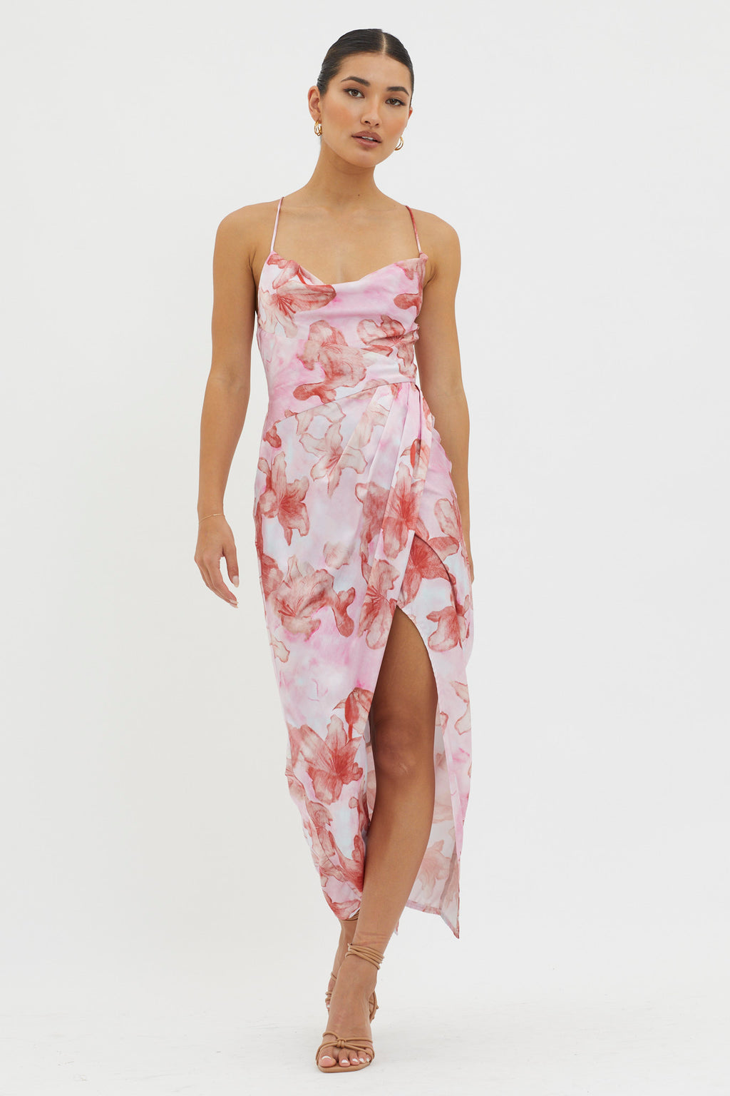 Erryn Tied Back Split Midi Dress Pink by Selfie Leslie Australia