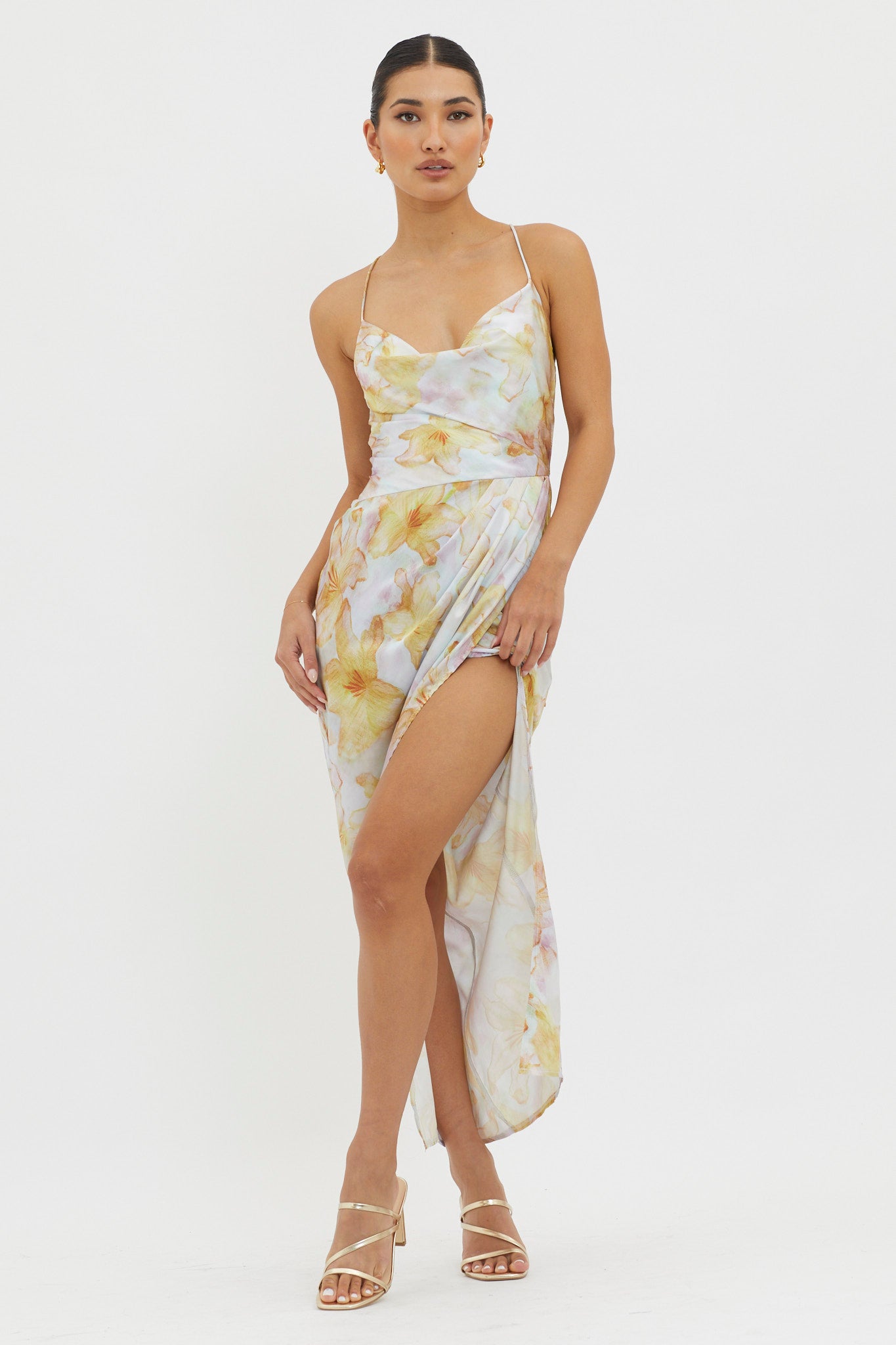 Erryn Tied Back Split Midi Dress Yellow by Selfie Leslie Australia