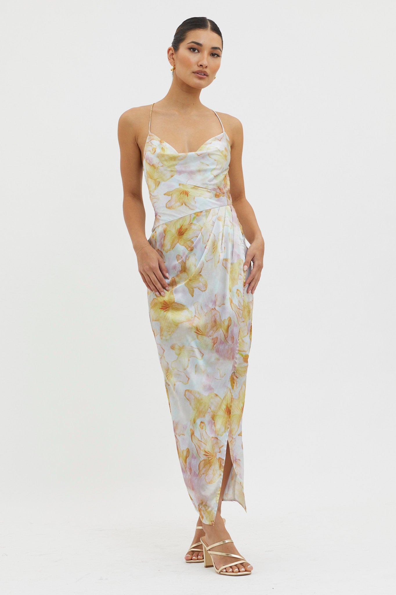 Erryn Tied Back Split Midi Dress Yellow by Selfie Leslie Australia