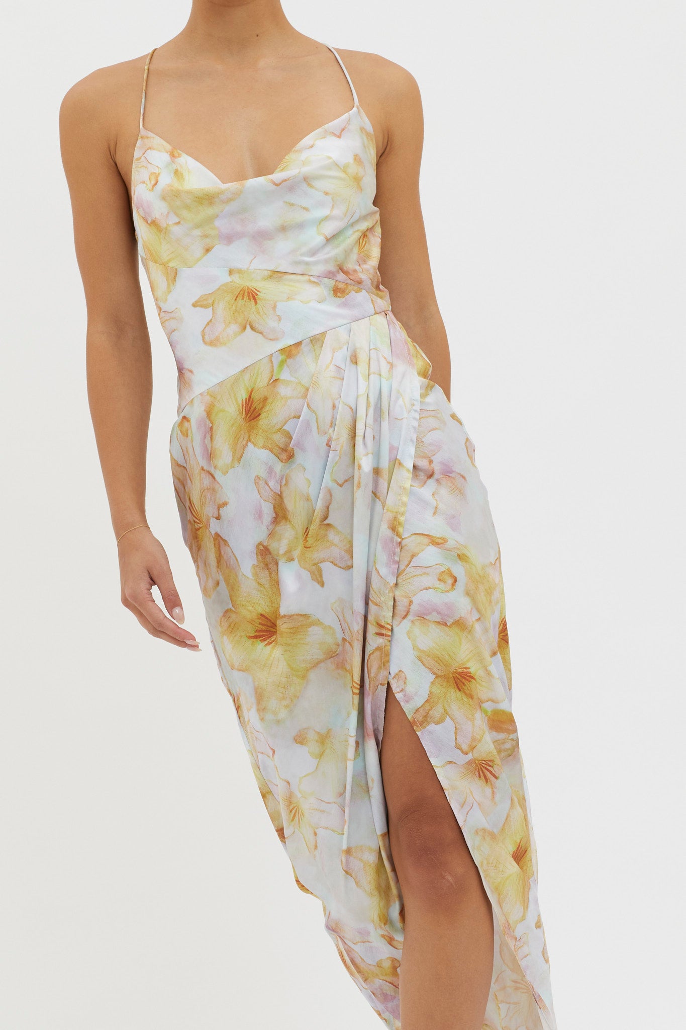 Erryn Tied Back Split Midi Dress Yellow by Selfie Leslie Australia
