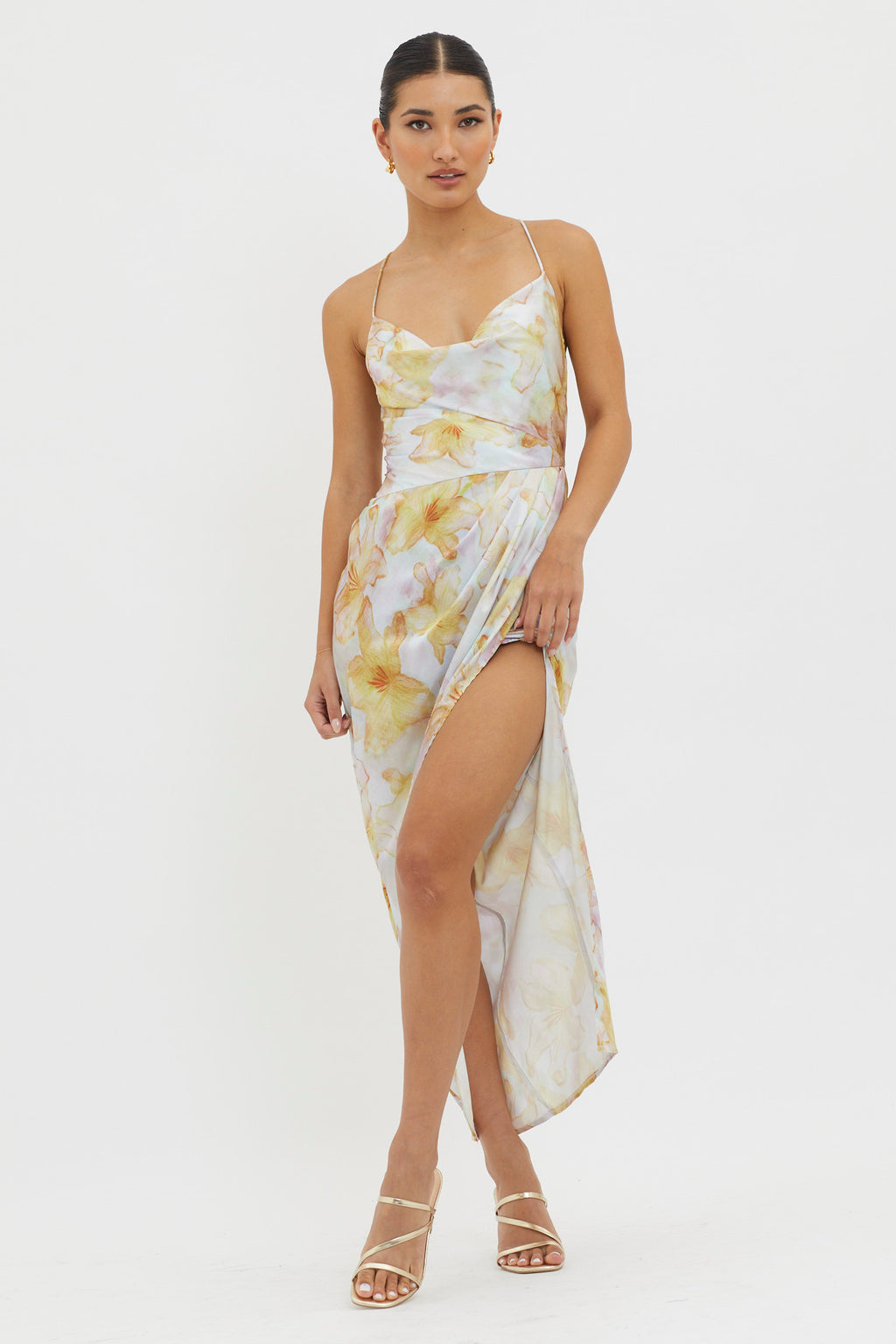 Erryn Tied Back Split Midi Dress Yellow by Selfie Leslie Australia