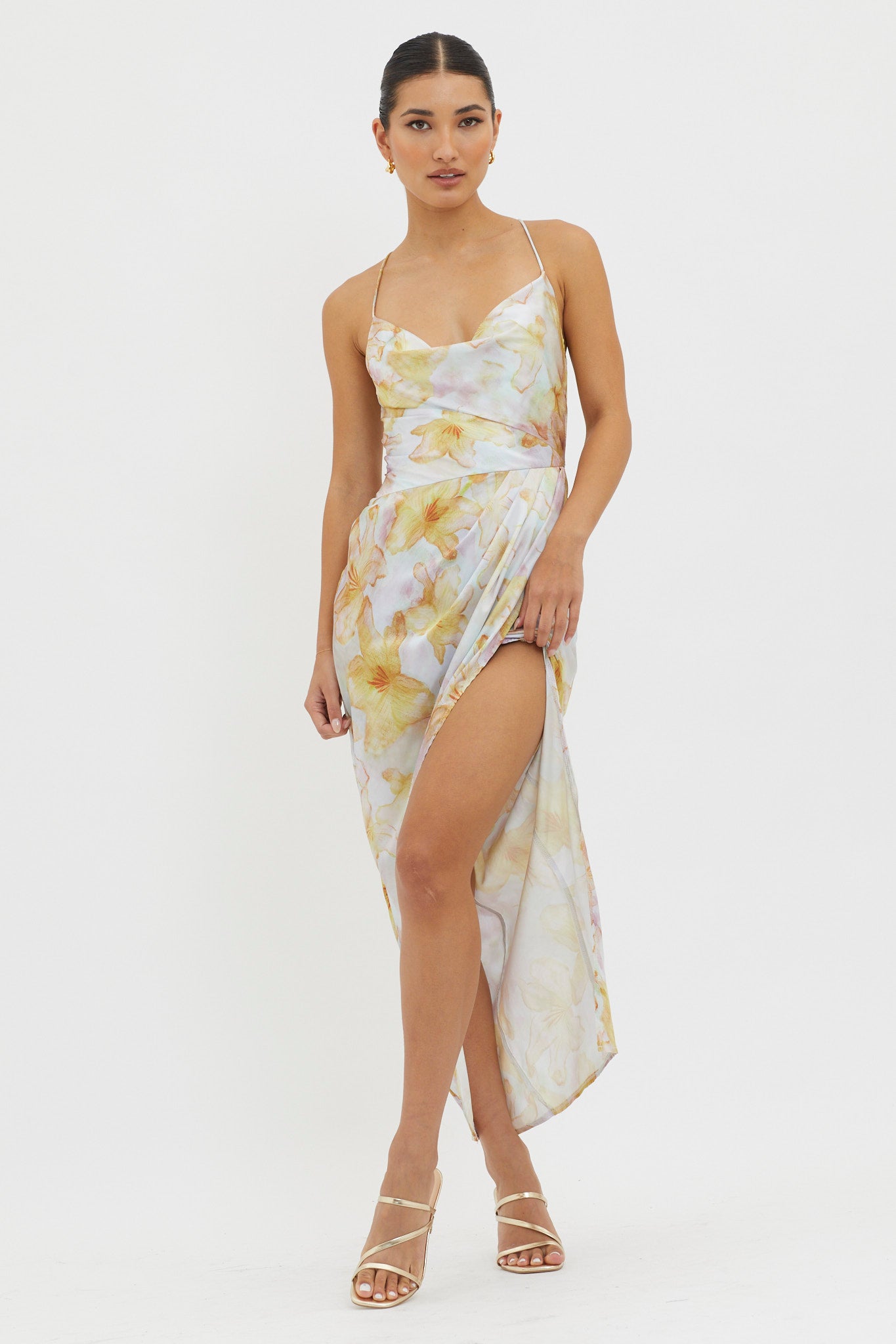 Erryn Tied Back Split Midi Dress Yellow by Selfie Leslie Australia