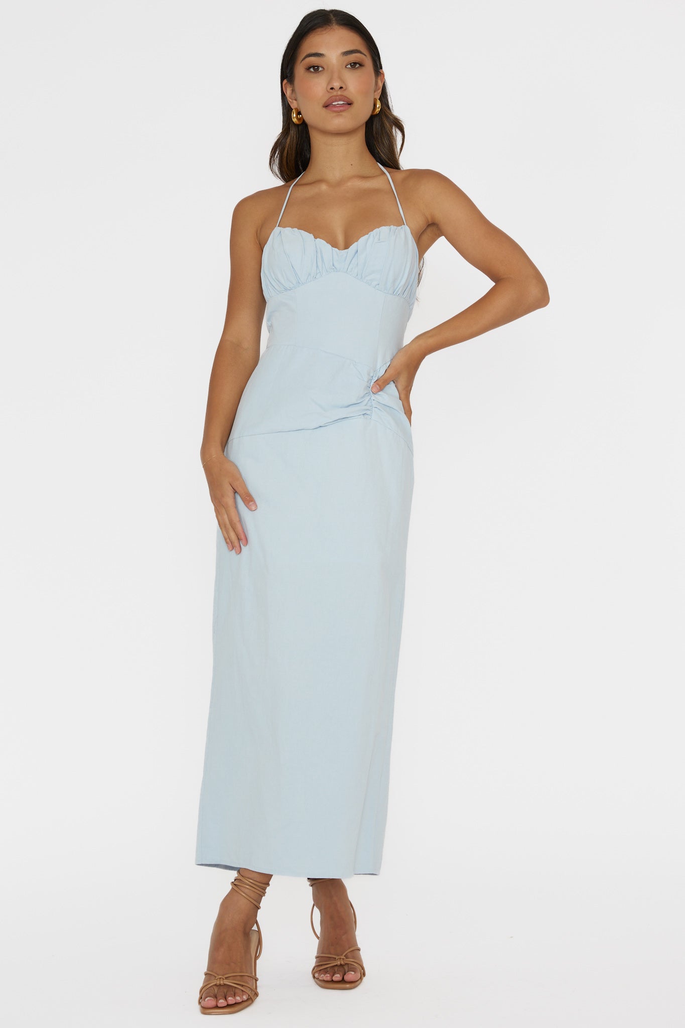 Arielle Gathered Bust Halterneck Midi Dress Pale Blue by Selfie Leslie Australia