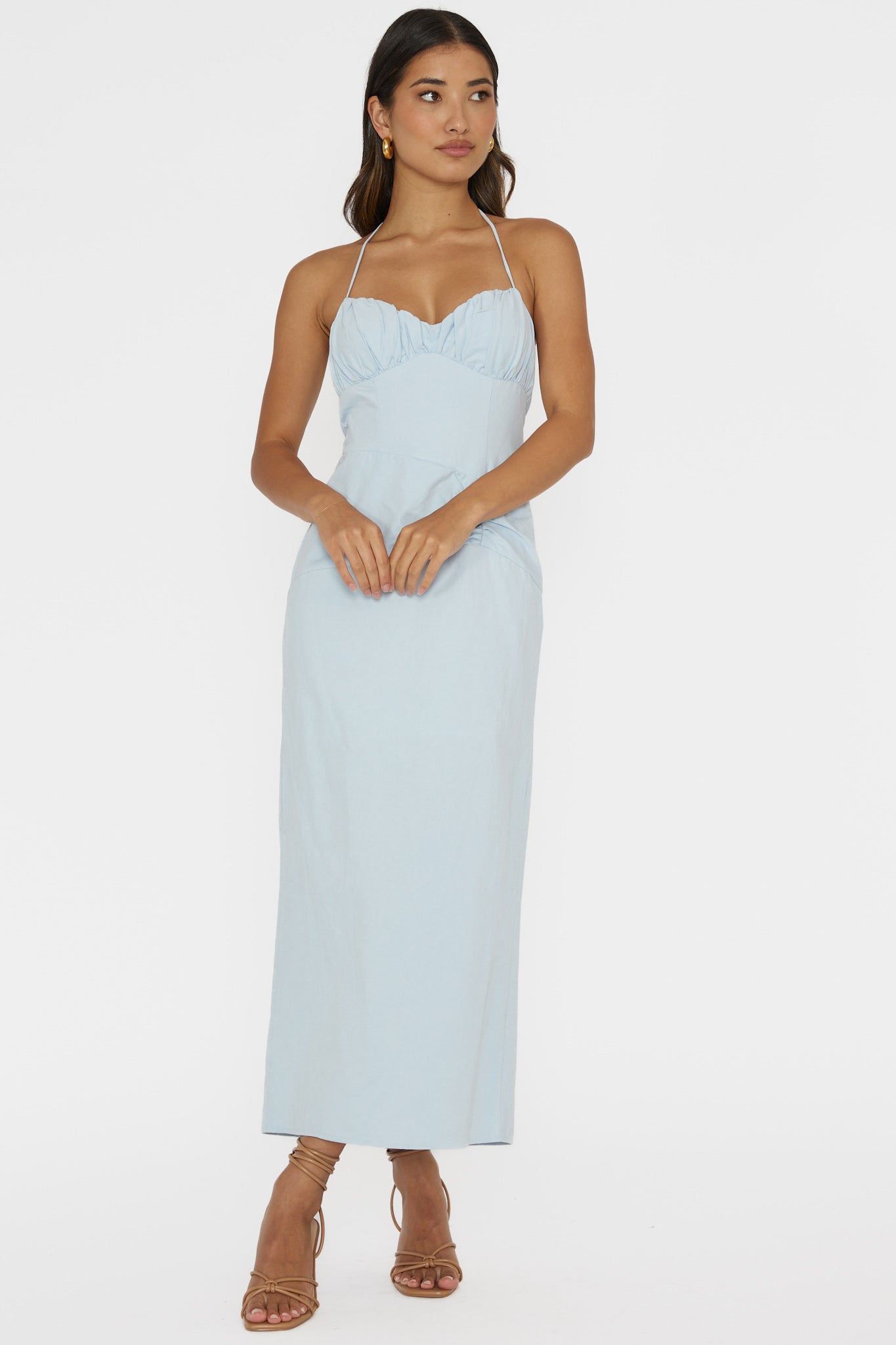 Arielle Gathered Bust Halterneck Midi Dress Pale Blue by Selfie Leslie Australia