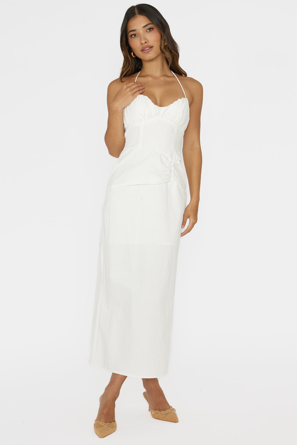 Arielle Gathered Bust Halterneck Midi Dress White by Selfie Leslie Australia