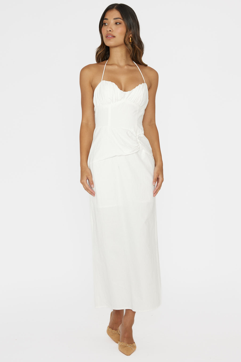 Arielle Gathered Bust Halterneck Midi Dress White by Selfie Leslie Australia