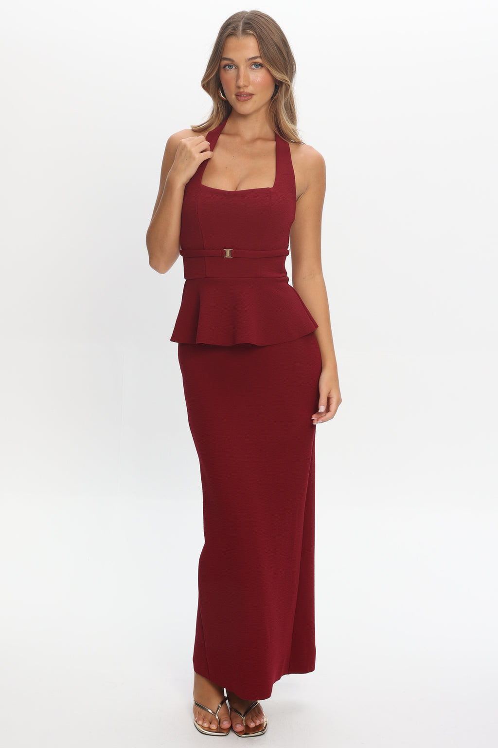 Fire Of Stars Peplum Halterneck Maxi Dress Cherry by Selfie Leslie Australia
