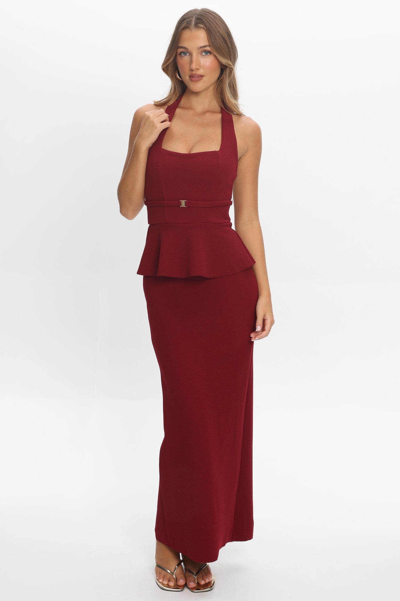 Fire Of Stars Peplum Halterneck Maxi Dress Cherry by Selfie Leslie Australia