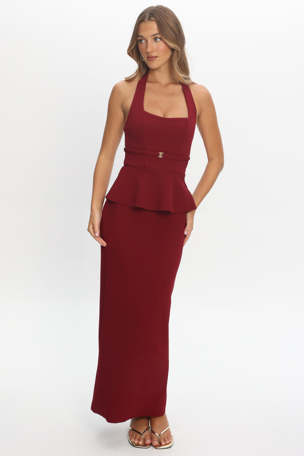 Fire Of Stars Peplum Halterneck Maxi Dress Cherry by Selfie Leslie Australia