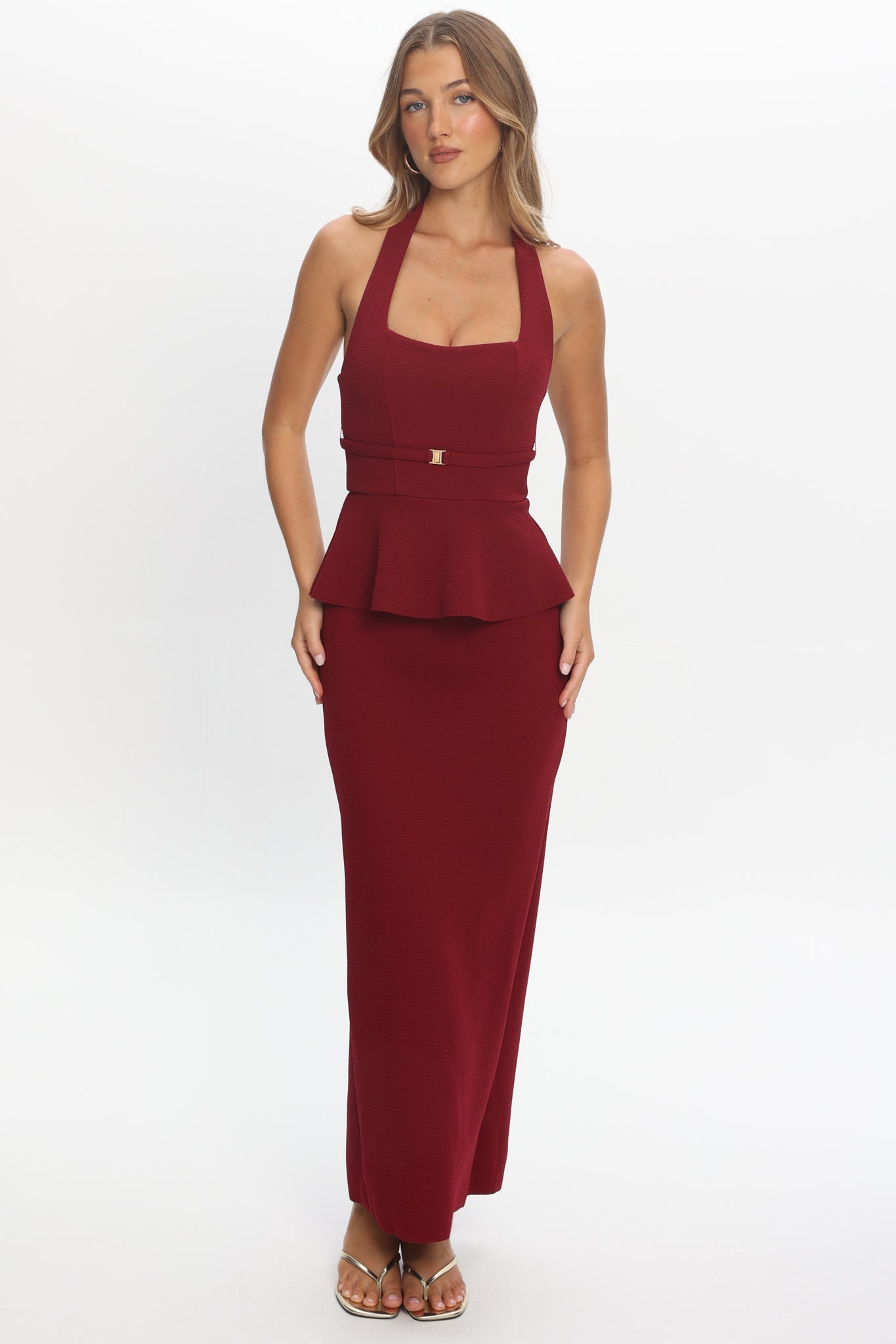 Fire Of Stars Peplum Halterneck Maxi Dress Cherry by Selfie Leslie Australia