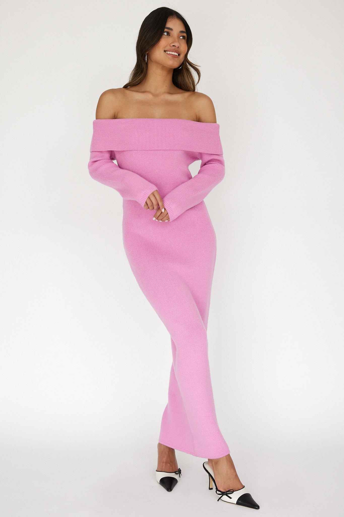 Winter Wonder Off-Shoulder Knit Maxi Dress Pink by Selfie Leslie Australia