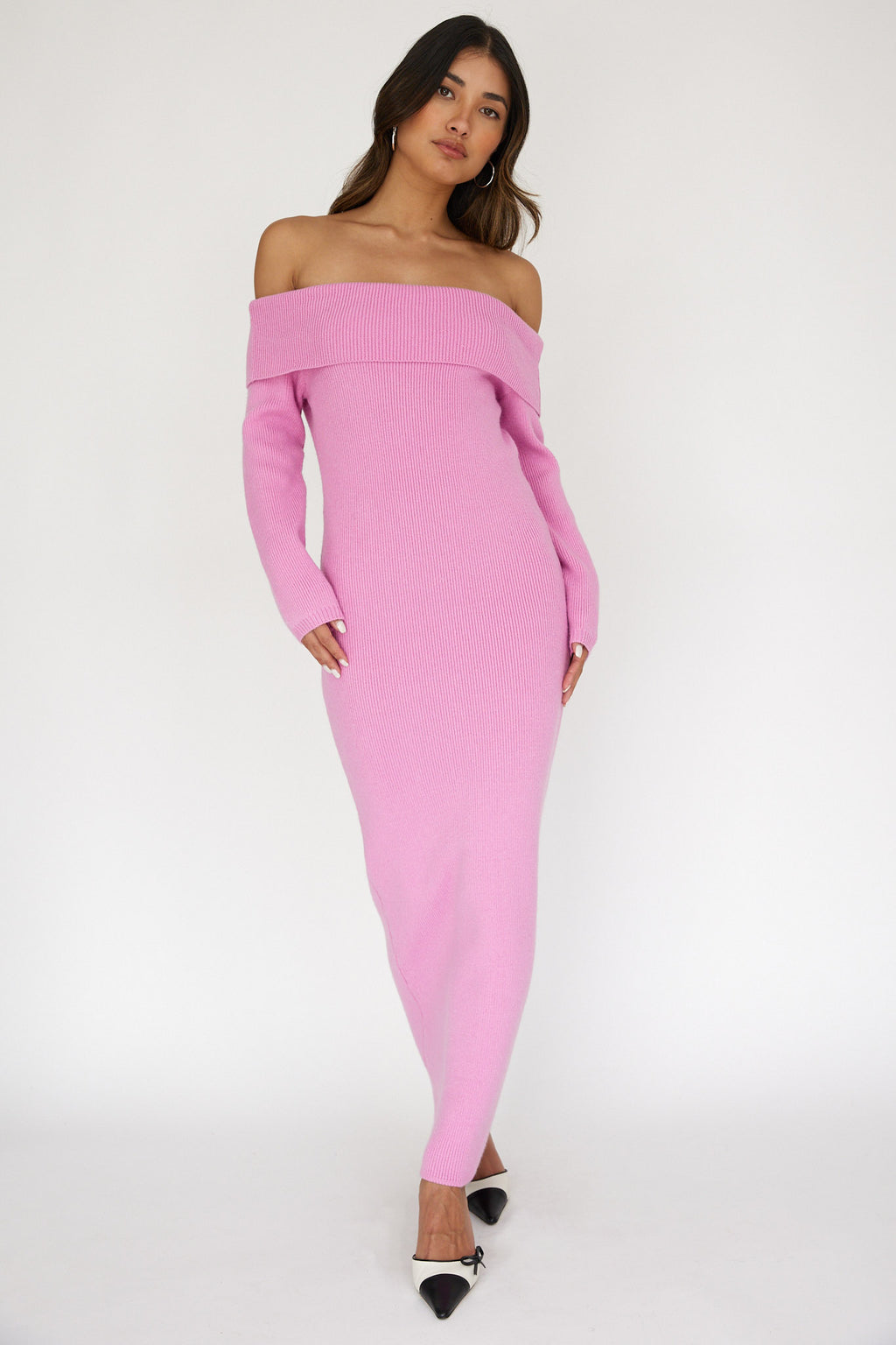 Winter Wonder Off-Shoulder Knit Maxi Dress Pink by Selfie Leslie Australia