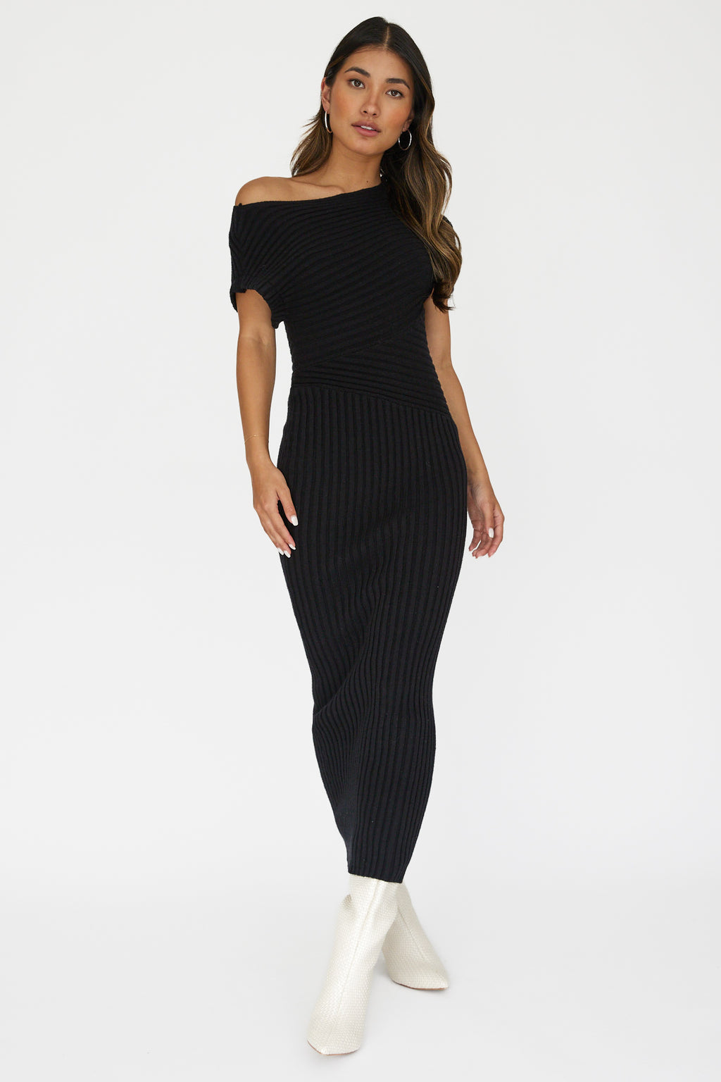 Kaelyn Asymmetric Neck Knit Maxi Dress Black by Selfie Leslie Australia
