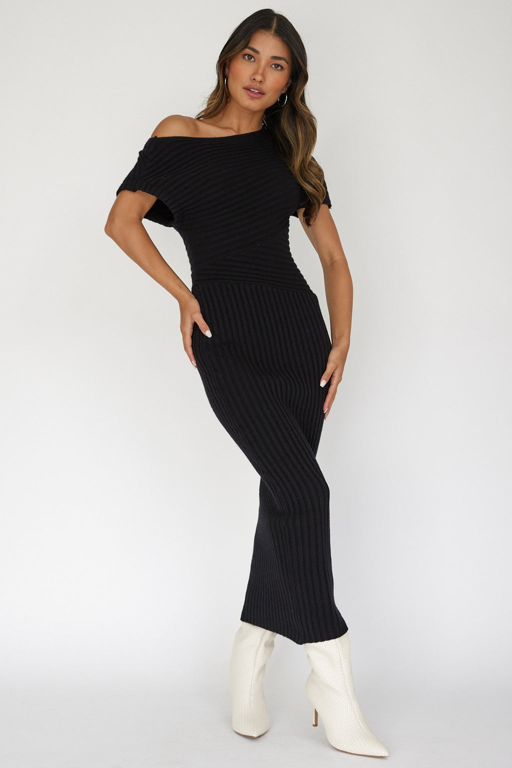 Kaelyn Asymmetric Neck Knit Maxi Dress Black by Selfie Leslie Australia