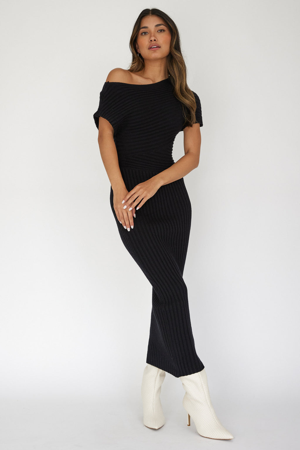 Kaelyn Asymmetric Neck Knit Maxi Dress Black by Selfie Leslie Australia