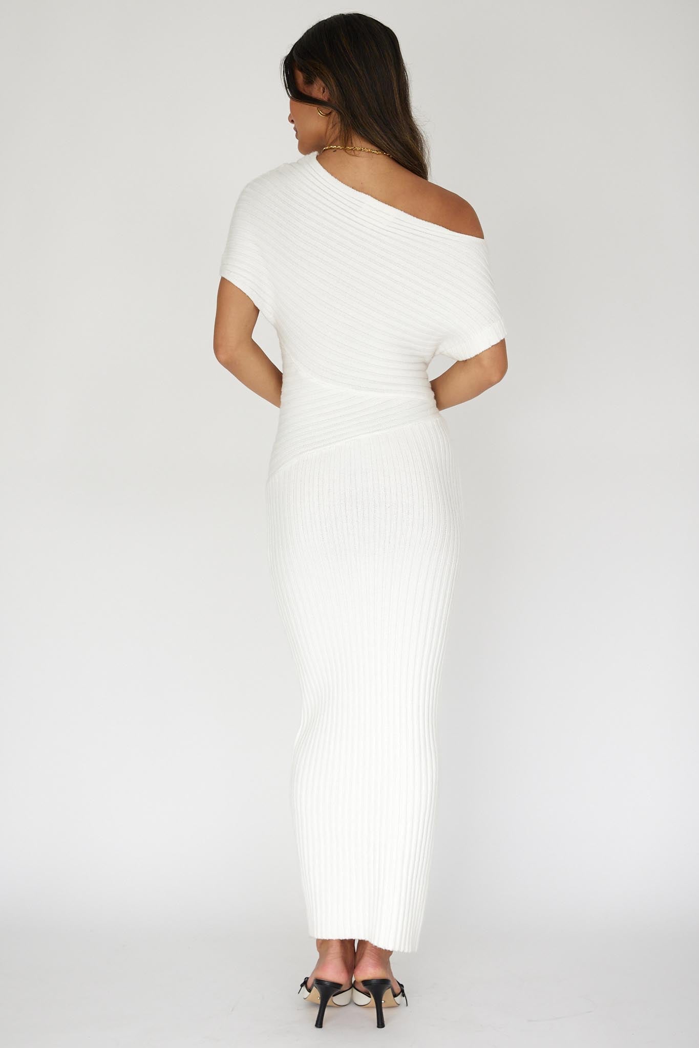 Kaelyn Asymmetric Neck Knit Maxi Dress White by Selfie Leslie Australia