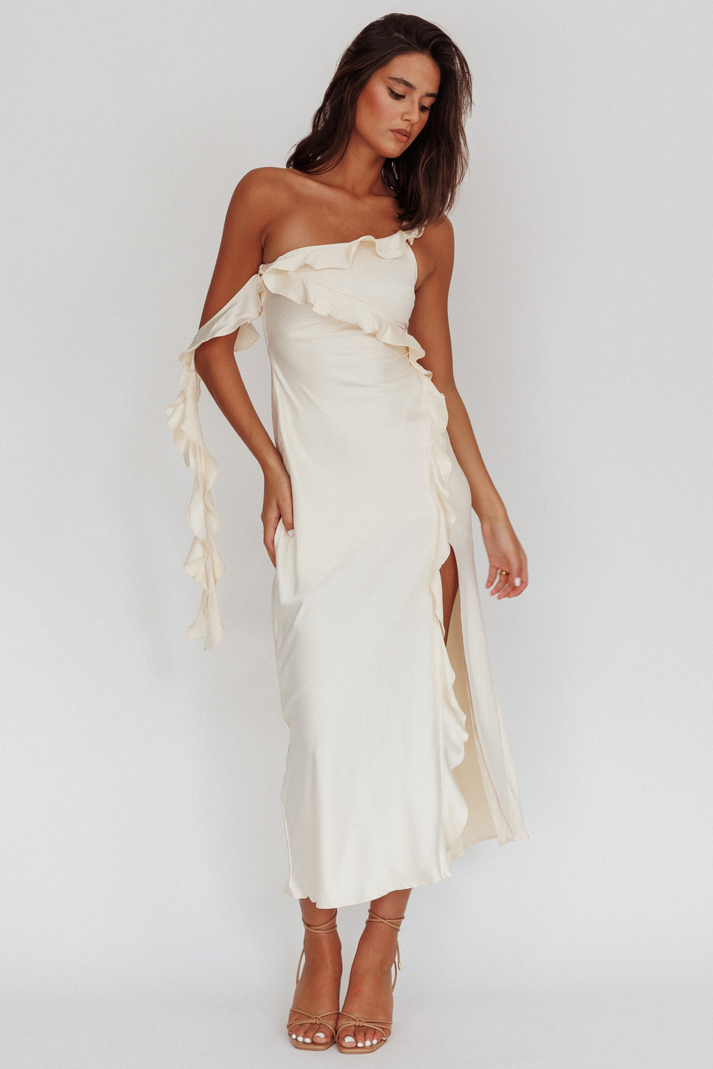Like Yesterday Satin Ruffle Midi Dress Butter by Selfie Leslie Australia