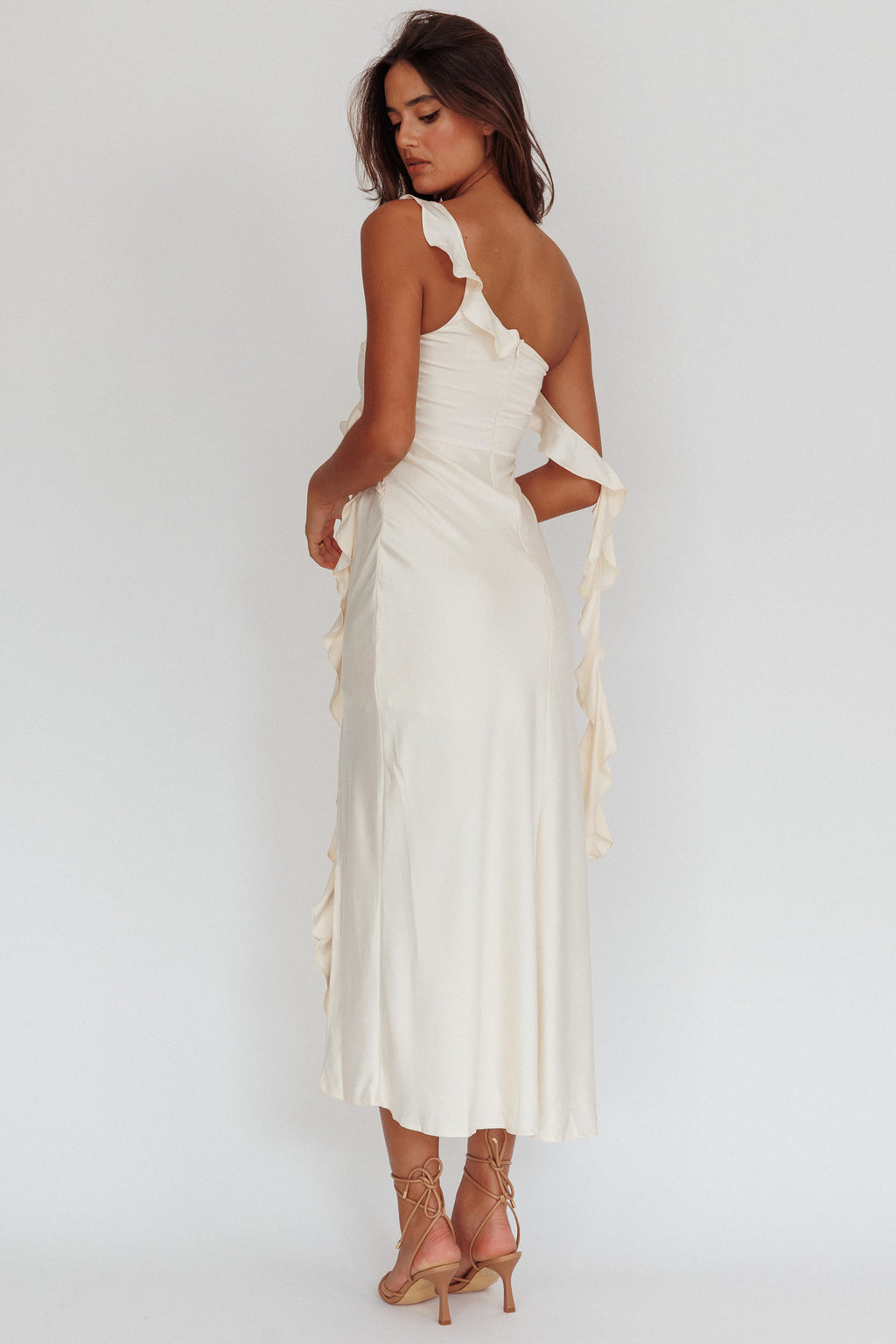 Like Yesterday Satin Ruffle Midi Dress Butter by Selfie Leslie Australia