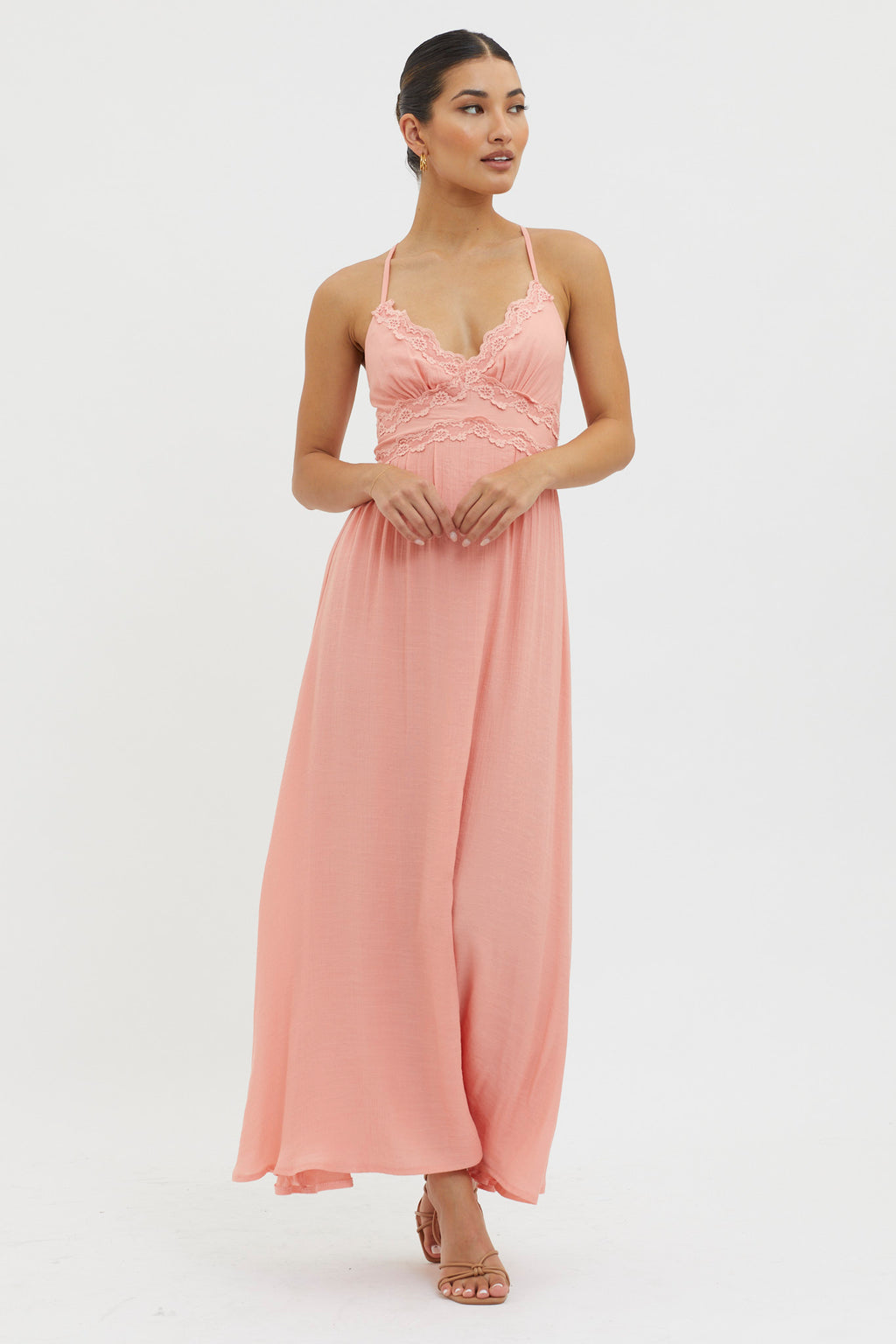 Slow It Down Lace Trim Maxi Dress Peach by Selfie Leslie Australia