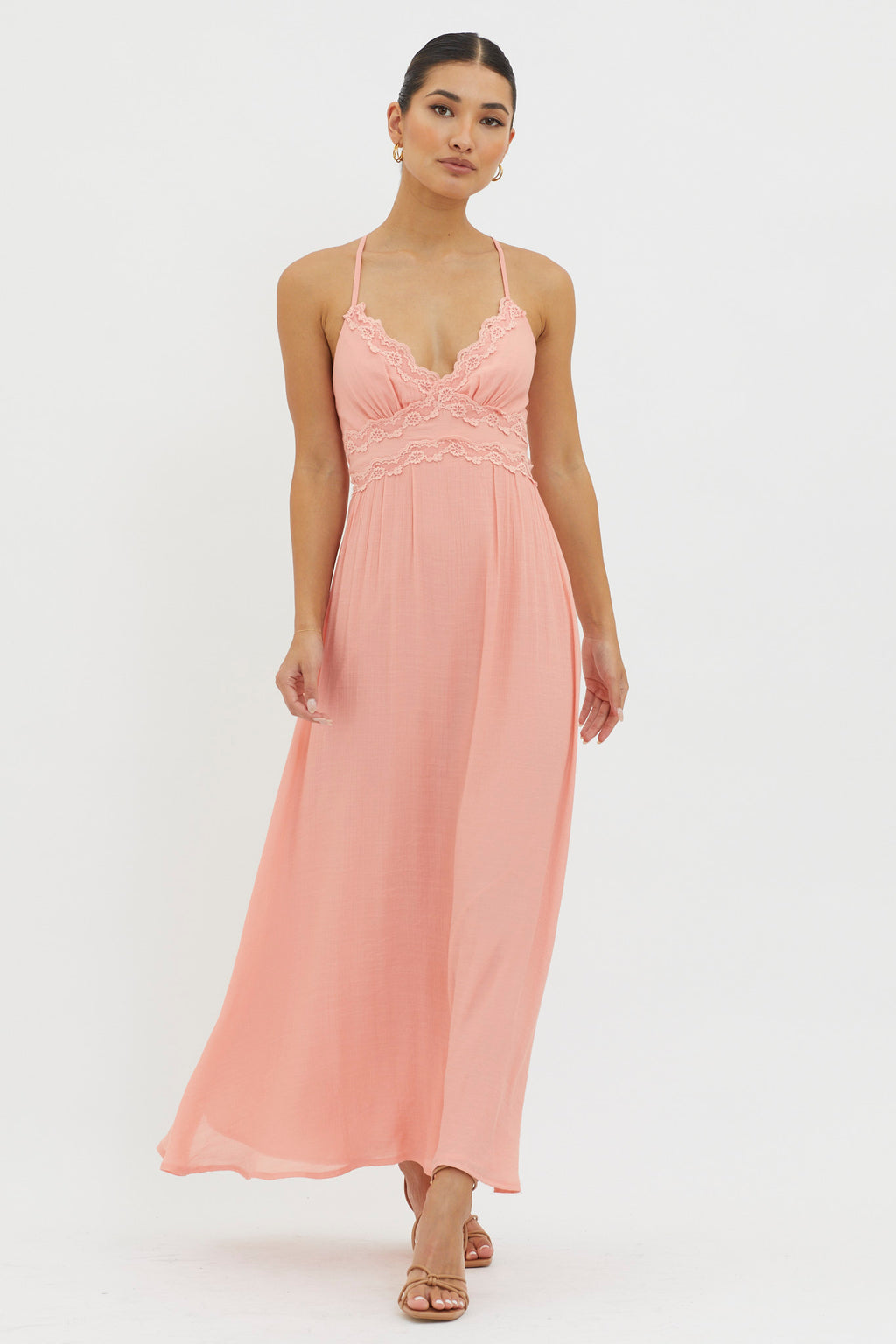 Slow It Down Lace Trim Maxi Dress Peach by Selfie Leslie Australia